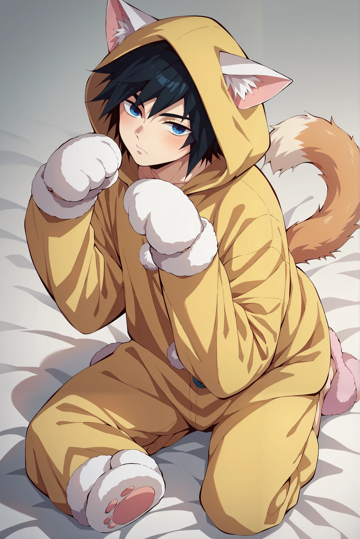 ((masterpiece)), ((best quality)), (8k), 1boy , 1Man, (Giyuu Tomioka), looking at viewer, wearing oversized kitten hoodie pajamas, fluffy bunny slippers, blushing cheeks, (fluffy faux fur texture:1.3), (pompom tail:1.2), hood with (realistic cat ears:1.4) and (embroidered whisker details), paw-shaped mittens, cool face, gentle ambient lighting, Anime boy, Anime style, bedroom background