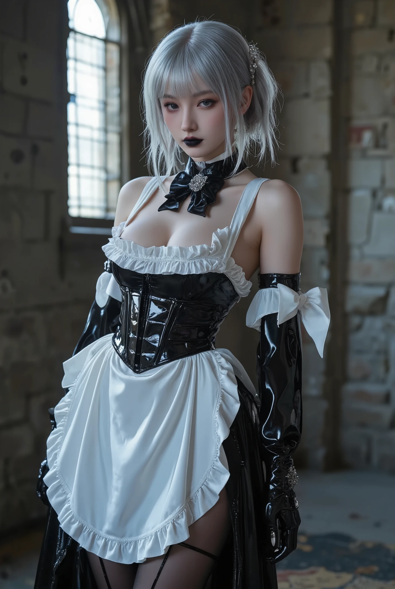   Young Cyborg Beauty ,( black and white gothic maid outfit, long skirt with low skin exposure,   corsets  , black tights, Black Boots ),(  Silver Hair, Shoulder-length hair in images , purple eyes, half-closed eyes ,  unusual suspicious feelings:1.3,Black Lips:1.5, big breast,  shiny skin that is creating,  Perfect Female Body Type ,  Ideal Body Proportions, attractive proportions, Tight Woman  , curvy beauty, HD Skin  ,A girl with a very beautiful and detailed face), Upper body portrait ,background:Medieval castle,  bright,Polite Pose ,  Dramatic Lighting,(  masterpiece, top quality,   completely naked, incredibly high resolution ),