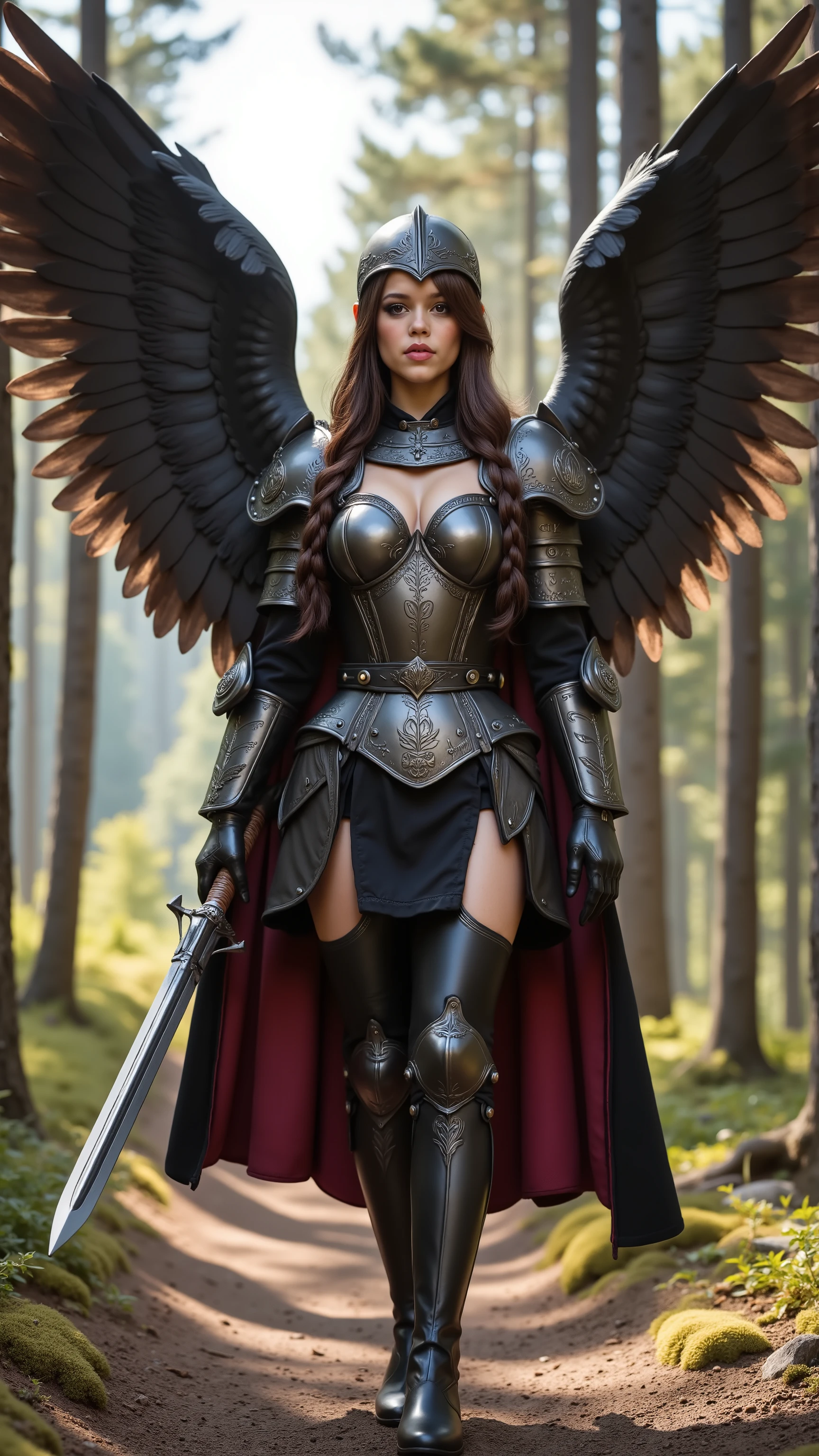 Jenna Ortega reimagined as a mighty Valkyrie with huge angel wings with detailed feathers walking and holding a glaive, 1 female、 full figure, full body, cleavage,
She has medium-length dark brown hair, braided at the sides and falling in soft waves. Her deep brown eyes are beneath a dark steel helmet adorned with fine engravings and subtle wing motifs.
She wears a form-fitting black leather bodice beneath polished dark steel plate armor. The breastplate bears ancient symbols, paired with feather-shaped pauldrons. Her arms are covered with steel vambraces and black leather gloves reinforced with metal. A rune-engraved belt with garnet inlays secures a dark leather fauld with overlapping steel plates. Beneath it, black leggings and high steel greaves protect her legs. A burgundy velvet cape lined with red silk drapes over her shoulders, fastened with a serpent-shaped silver brooch.
Her large angelic wings are spread wide, each feather highly detailed with individual notches and bars. The feathers are metallic.
In one hand, she holds a silver glaive engraved with runes, the blade catching the light.
The background shows a sunlit Scandinavian clearing surrounded by tall pine and birch trees. The forest floor is dotted with moss, rocks, and patches of grass. Clear skies above cast sharp shadows, highlighting the gleam of her armor and the vibrant colors of her wings, big breast, alluring, shows her female character's full figure, athletic body, perfect face, full body, extremely beautiful, goddess, female shape, perfect anatomy, photorealistic, masterpiece, realistic, high contrast, 8k, HD, high definition detailed, detailed, hyper detailed, realistic skin texture, best quality, ultra high resolution, hyper realistic, no text, very detailed eyes, impressively bright and dramatic lighting