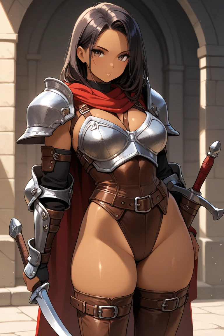 Guerreira, fantasia, armadura de placas, steel breastplate, Steel gauntlets, steel gloves, saia curta, saia vermelha, levantando a saia, calcinha branca, calcinha aparecendo, Brown hair, realista, D&D, saia levantada, (cameltoe), upskirt, Steel gauntlets, steel boots, steel breastplate, melhor qualidade, tiro de cowboy, obra-prima, 8k, (exposed navel), metal axe