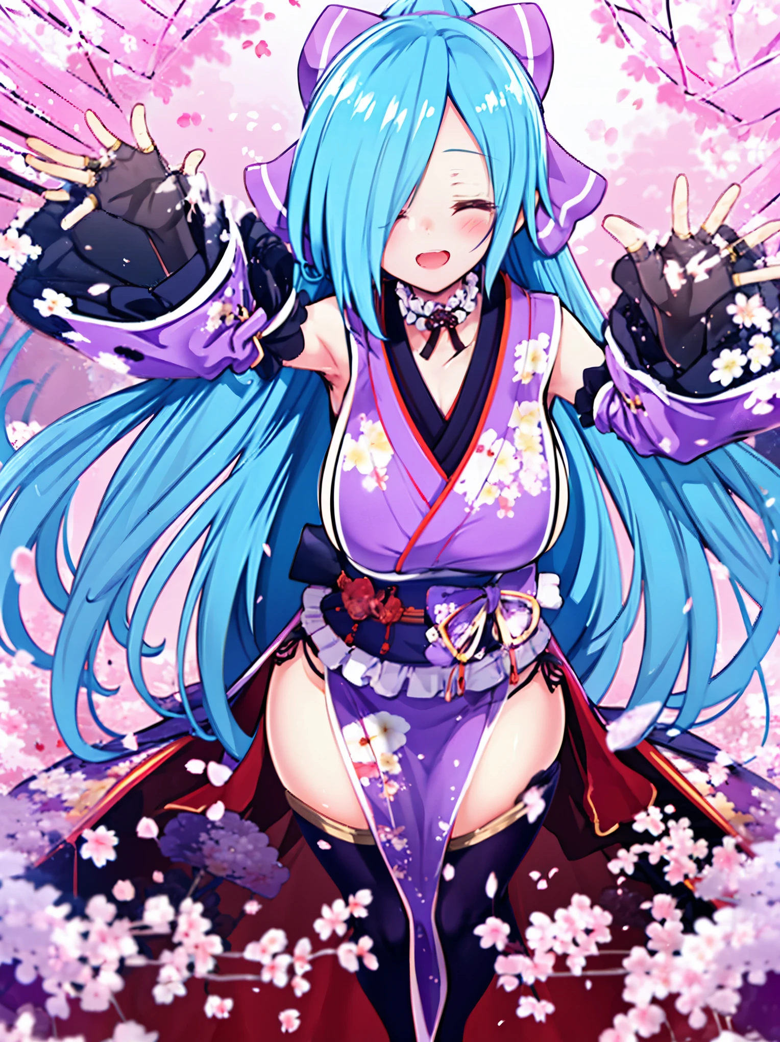 masterpiece, best quality, (1girl, solo),
yamato iori, ung__girl, virtual youtuber, solo, gloves, bow, hair bow, long hair, hair over one eye, thighhighs, blue hair, fingerless gloves, closed_eyes, japanese clothes, full body, detached sleeves, ponytail, looking at viewer, black gloves, very long hair, (heavy&soft_large_breasts:1.4), purple bow, kimono, smile, open mouth, transparent background, standing, sash, obi, purple kimono
blush,cherry blossoms,
( outdoors, forest, upper body, dynamic pose, looking at viewer, ),plump,raise_arms,