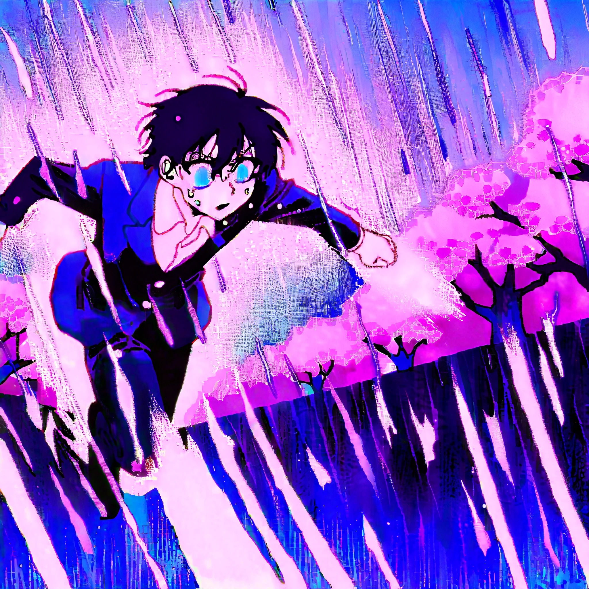 intense rain with speed lines, cyan reflections on wet asphalt, sakura petals swirling in storm, semi-transparent rain curtain,anime-style boy, wet white shirt showing skin tone, flying navy blazer, raindrop reflections in eyes, running motion blur,cel-shading, dramatic rim lighting, glowing raindrop particles, manga screentone background