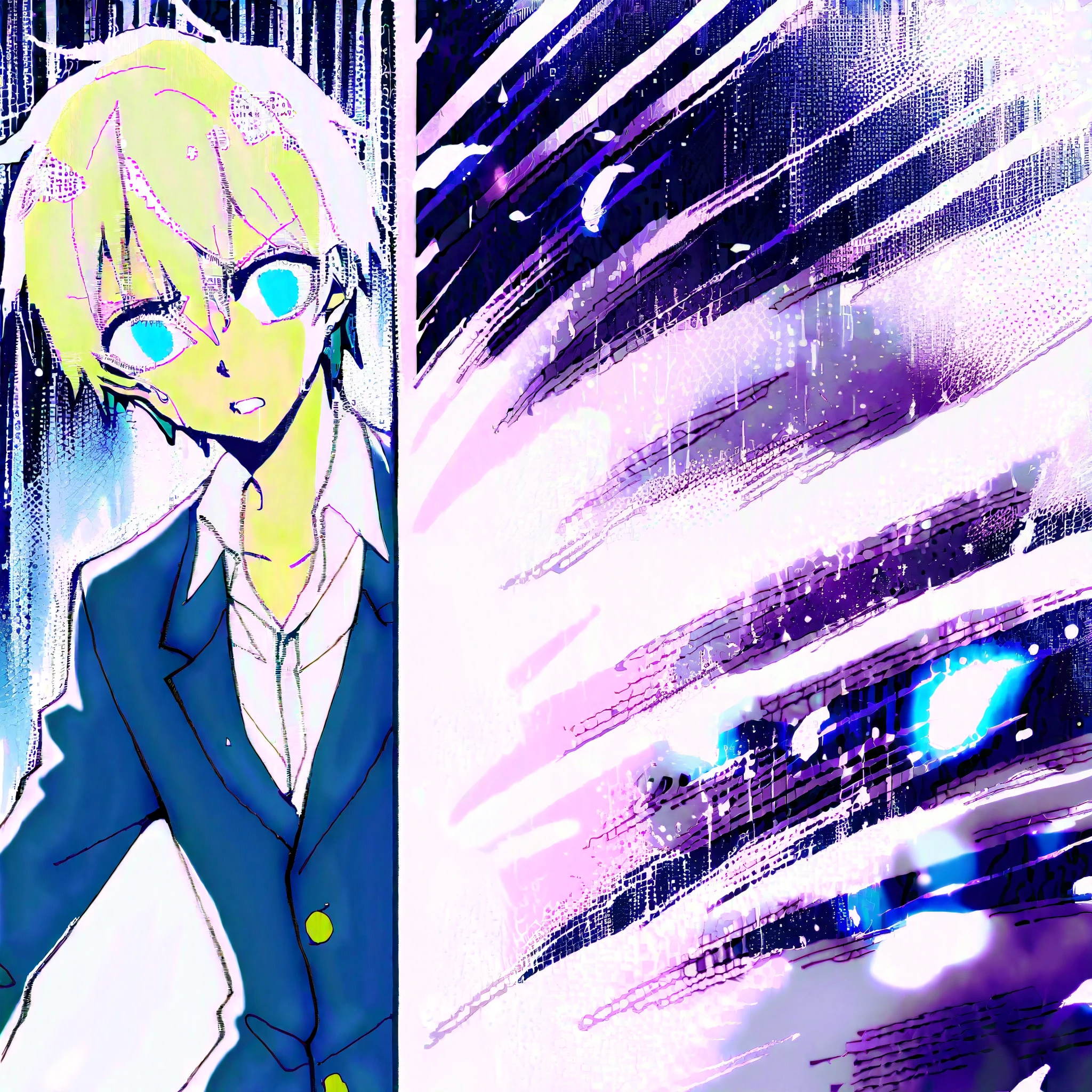 intense rain with speed lines, cyan reflections on wet asphalt, sakura petals swirling in storm, semi-transparent rain curtain,anime-style boy, wet white shirt showing skin tone, flying navy blazer, raindrop reflections in eyes, running motion blur,cel-shading, dramatic rim lighting, glowing raindrop particles, manga screentone background