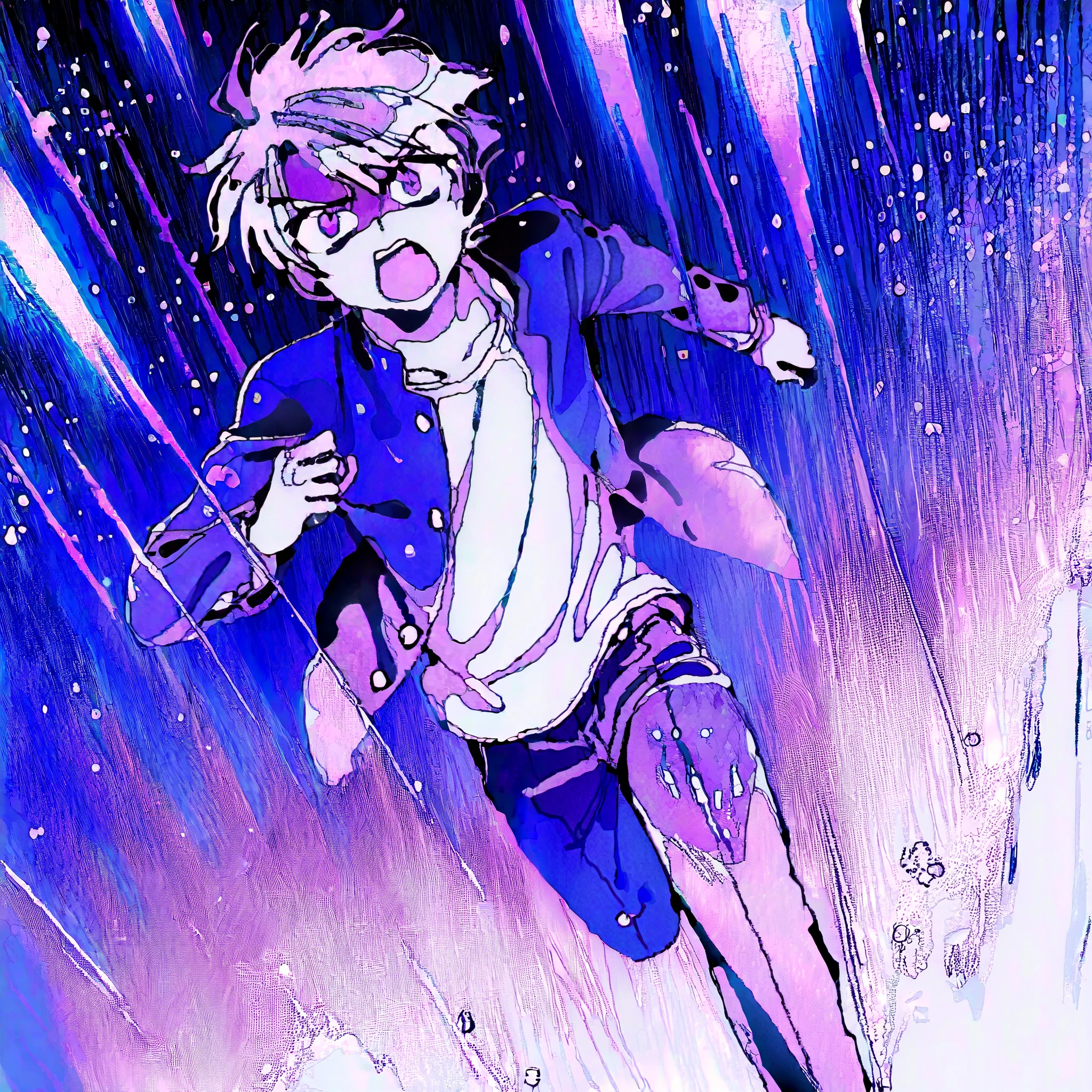 intense rain with speed lines, cyan reflections on wet asphalt, sakura petals swirling in storm, semi-transparent rain curtain,anime-style boy, wet white shirt showing skin tone, flying navy blazer, raindrop reflections in eyes, running motion blur,cel-shading, dramatic rim lighting, glowing raindrop particles, manga screentone background