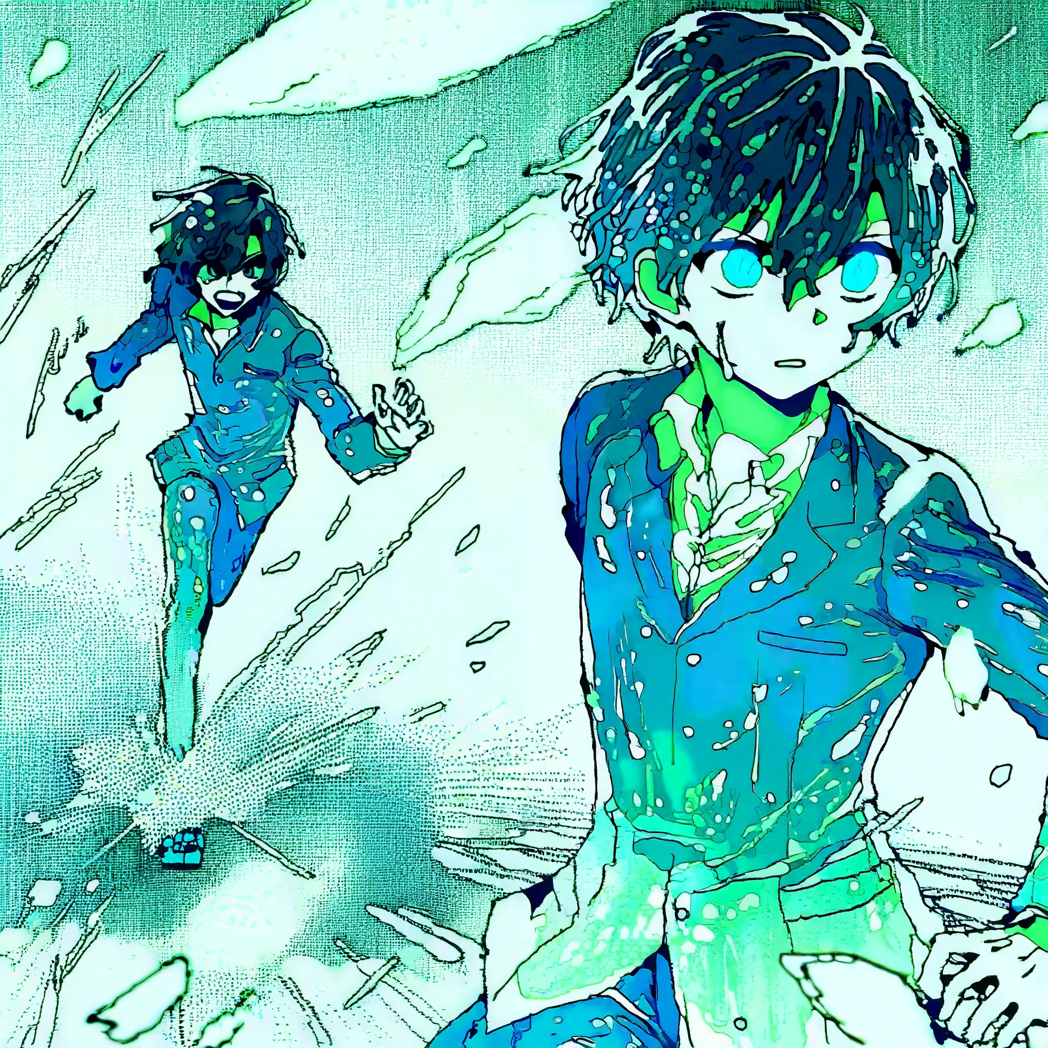 intense rain with speed lines, cyan reflections on wet asphalt, sakura petals swirling in storm, semi-transparent rain curtain,anime-style boy, wet white shirt showing skin tone, flying navy blazer, raindrop reflections in eyes, running motion blur,cel-shading, dramatic rim lighting, glowing raindrop particles, manga screentone background