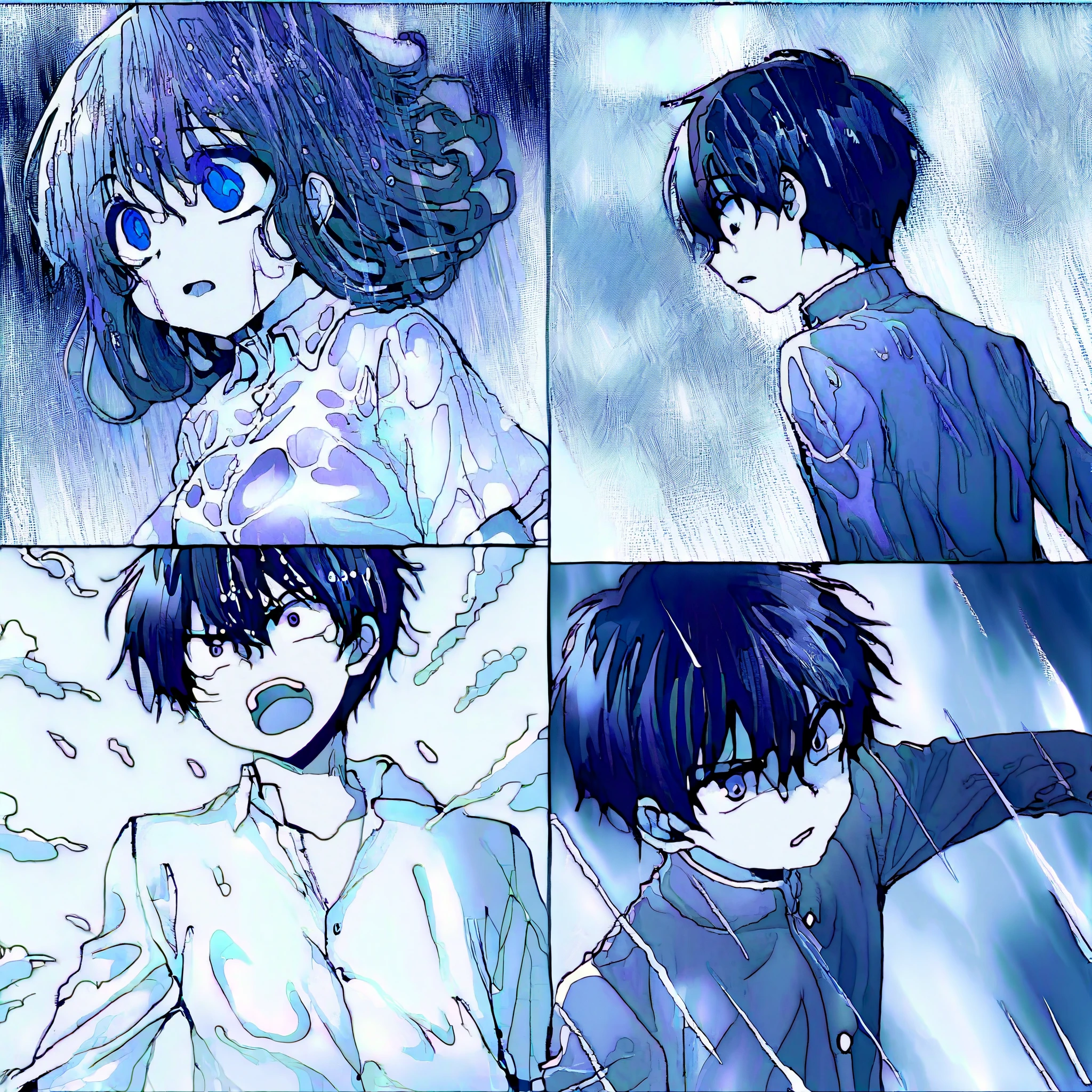 intense rain with speed lines, cyan reflections on wet asphalt, sakura petals swirling in storm, semi-transparent rain curtain,anime-style boy, wet white shirt showing skin tone, flying navy blazer, raindrop reflections in eyes, running motion blur,cel-shading, dramatic rim lighting, glowing raindrop particles, manga screentone background