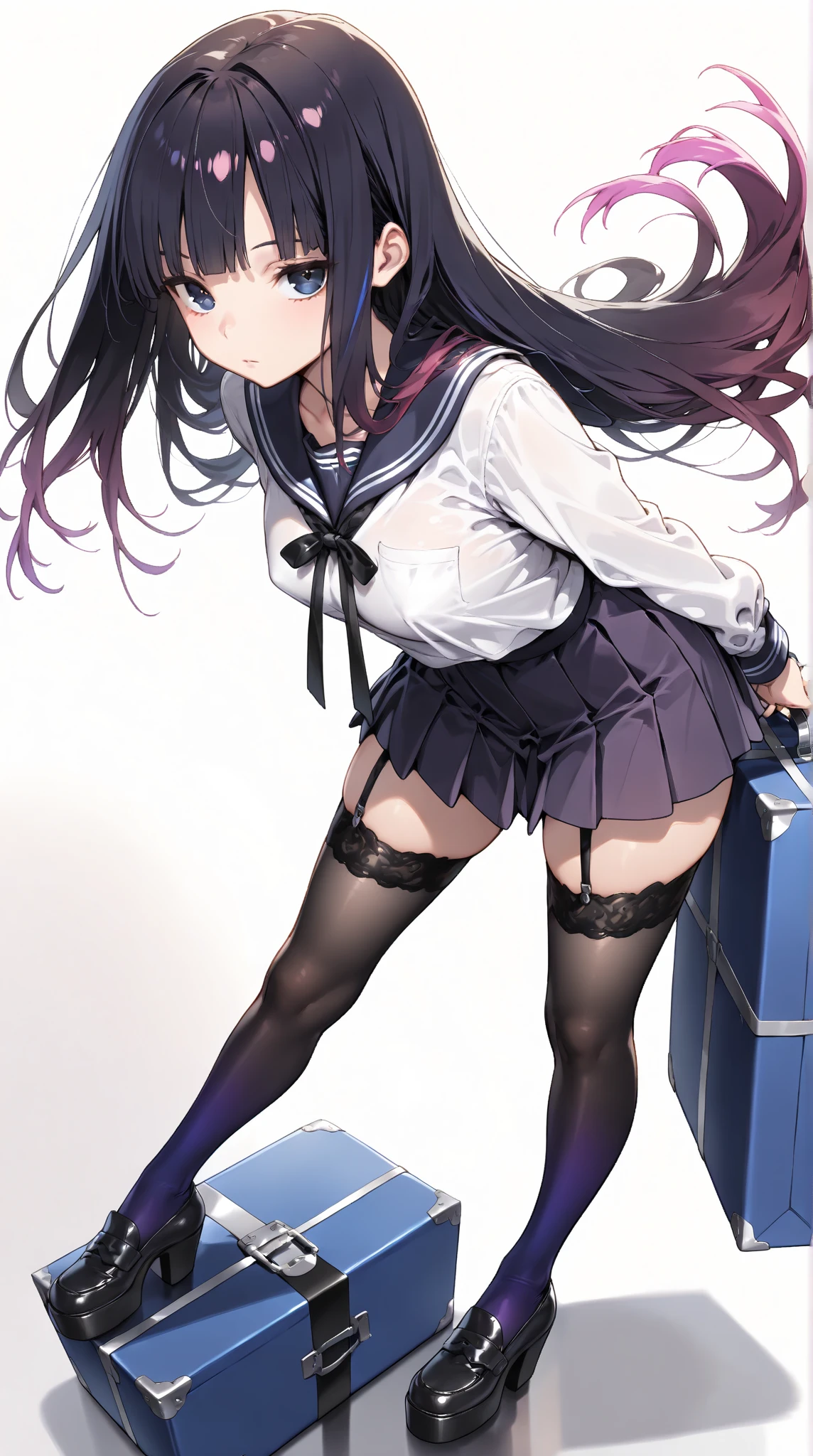 Older sister, white ponytail Black butterfly gift, , short skirt, long black stockings in school