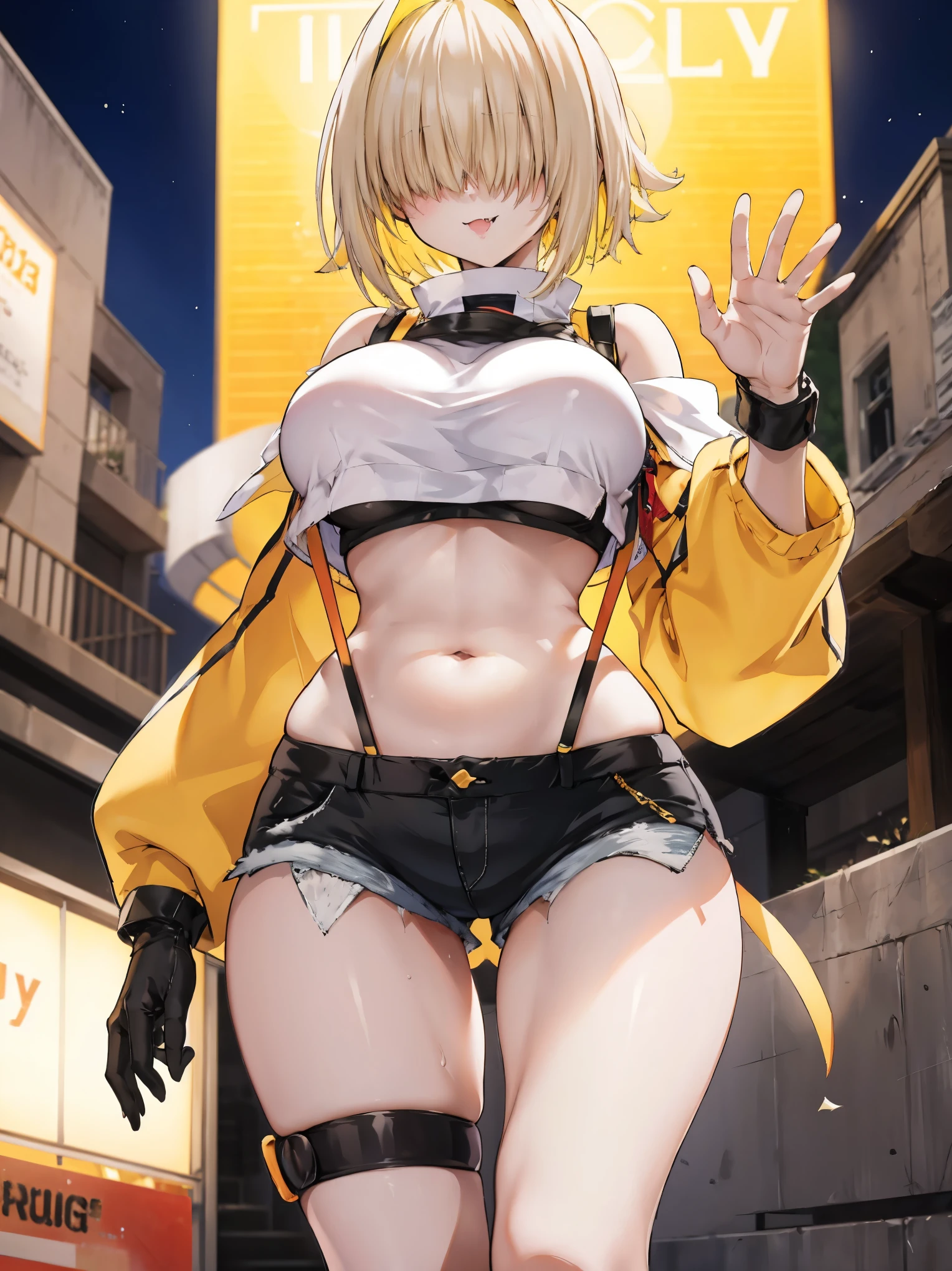score_9, score_8_up, score_7_up, source_anime BREAK 1girl, solo, elegg, short hair, bangs, hair intakes, multicolored hair, hair over eyes, crop top, bare shoulders, long sleeves, suspenders, midriff, navel, short shorts, thigh strap, multicolored_gloves, large breasts, looking at viewer, thick thighs, (plump:0.5),(plump_lower:0.7), standing, smug, waving,
,future_city_background,night,under_breasts,lighting, (sharp_glance:0.2),nihil_smile,fang, pockets_protruding_from_shorts