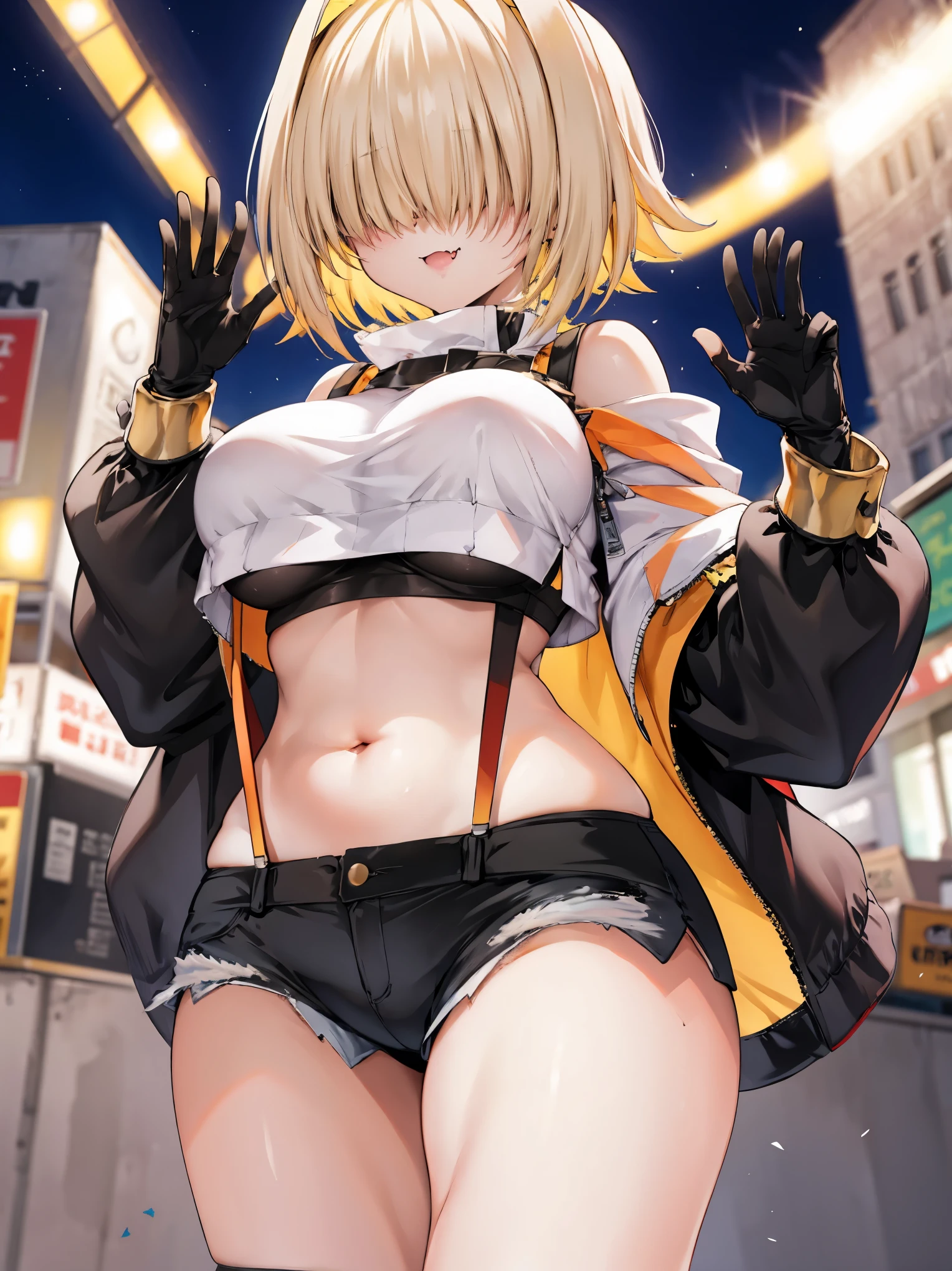 score_9, score_8_up, score_7_up, source_anime BREAK 1girl, solo, elegg, short hair, bangs, hair intakes, multicolored hair, hair over eyes, crop top, bare shoulders, long sleeves, suspenders, midriff, navel, short shorts, thigh strap, multicolored_gloves, large breasts, looking at viewer, thick thighs, (plump:0.5),(plump_lower:0.7), standing, smug, waving,
,future_city_background,night,under_breasts,lighting, (sharp_glance:0.2),nihil_smile,fang, pockets_protruding_from_shorts