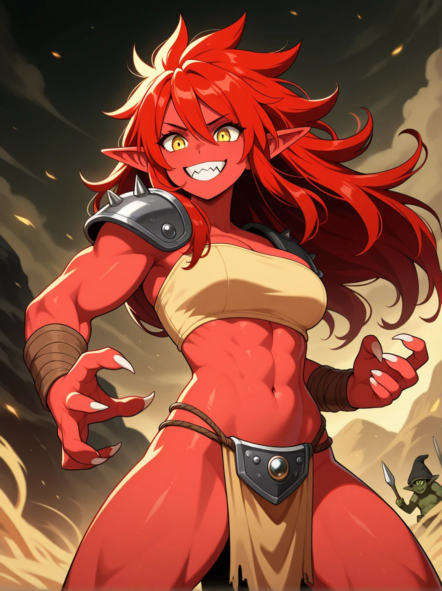 masterpiece, ultra quality, Beautiful detailed, extremely detailed,16K, exquisite, absurdity, highres, Beautiful background, Beautiful eye, Beautiful sdark kin, anime style、(looking at the viewer)、Condescending attitude、I have my hands on my hips.、Standing in honor、(((1woman)))、1 girl bodybuilder、solo、(((((muscular)))))、blood vessels in muscles、gigantic breasts:1.3、cleavage、side boob、abs:1.3、((low length:1.3))、((midget:1.3))、dark red hair、yellow eyes、solo、sweaty、Cropped bangs、very long hair、(jet black skin)、thick lips、((anger))、(((evil smile)))、double teeth、(((two horns)))、long elf ears、(((flame pattern tattoo)))、sexy bikini armor、big ax、embarrassing、vapor、foggy、perfect anatomy、dark atmosphere、Inferno