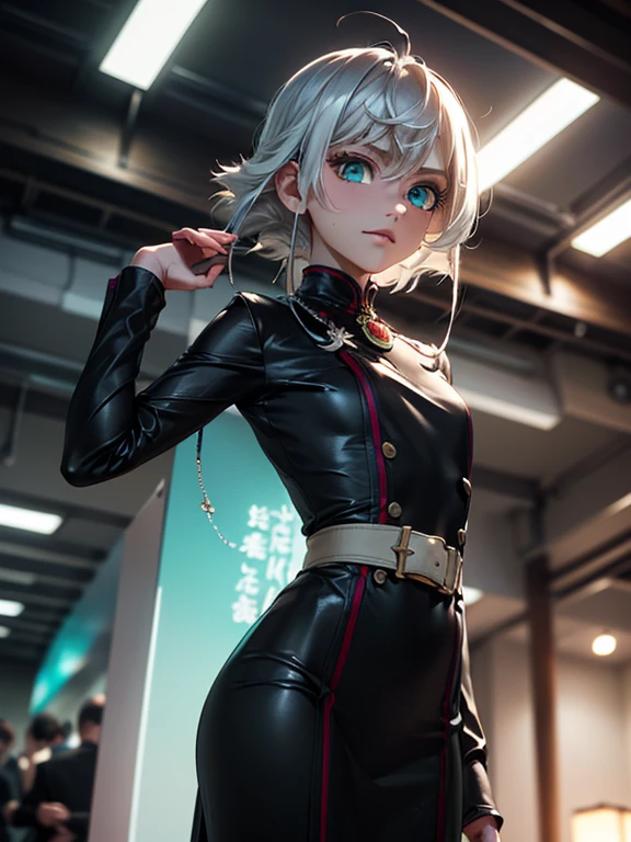 optimum，tmasterpiece，A high resolution，best qualtiy，hyper HD，super detailing，Award-Awarded，16k，独奏，（The upper part of the body），anatomy correct，Beautiful cyberpunk girl，cute  face，，Gradient Beige Hair，Hairline，（（Scarlet eyes）），long eyelasher，Hanging eye corners，White skin of the，（small boobs），（Slim body），（（Women's super short shawl leather jacket）），（（racing_suit）），ear studs，（neck rings），（Laser material clothing：1.2）