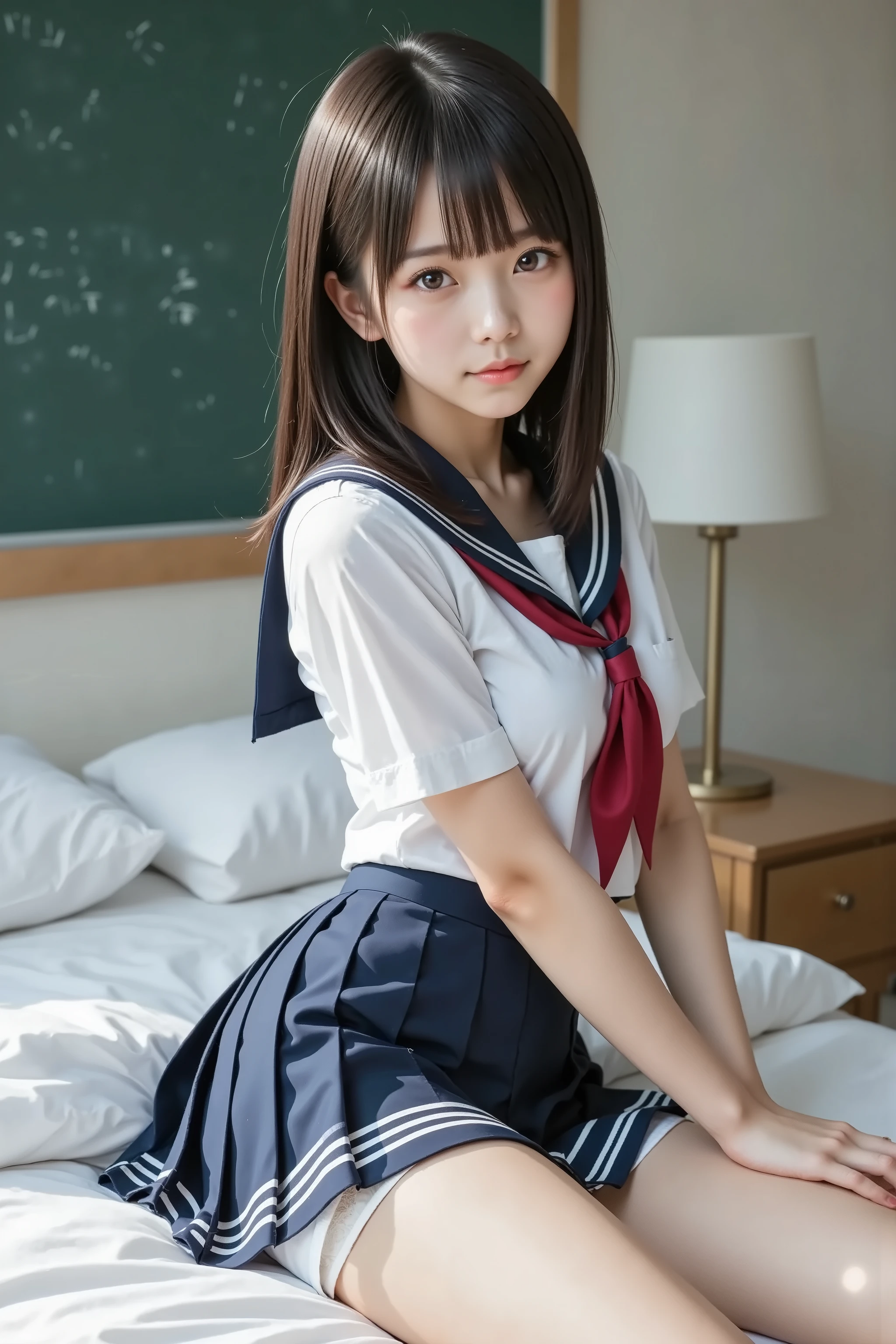 (nsfw:1.4), ( masterpiece, TOP QUALITY:1.2), 1 girl, Alone, very cute,  high school girl、18 years old, (fellatio,   on face:1.4), idol style、Beautiful Sexy Figure、Beautiful model、 smaller breasts、 completely naked、Navy Blue Pleated Skirt、 white panties, Beautiful thighs、bedroom、Black hair medium length、 upper body－Trait 、 face up、