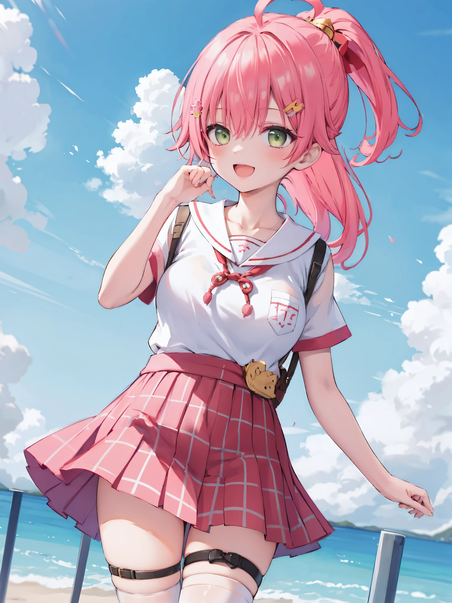 masterpiece, best quality, 1 _girl, solo, MikoSchool,ahoge,pink_hair,(short_ponytail:1.3), hairclip, white shirt, sailor_collar, pink_skirt, plaid, white_thighhighs, short_sleeves,  looking through legs,big_smile,large_breasts,midriff,happy, excited,open_mouth,large_droopy_eyes