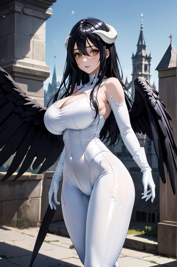 Aerial View，giant girl 50,000 feet high，Weight 1000kg，Have a pair of long legs，Has a pair of huge angel wings，With huge devil horns on his head，Has waist-length black hair，loose hair，Big black wavy curls，Wearing a pair of white Mary Jane high heels，White lace gloves，White lace pantyhose，白色蕾丝whole body，Standing tall on a city，城市到处是blood stains，Beautiful appearance，Exquisite makeup，quality，8k，高quality，Perfect proportion, Cinema lighting，film grain，Fuji colors，8k，textured skin，Super details，high detail，high resolution，explode，fake smile，blood stains，脚底有blood stains，whole body，Obese，feather
