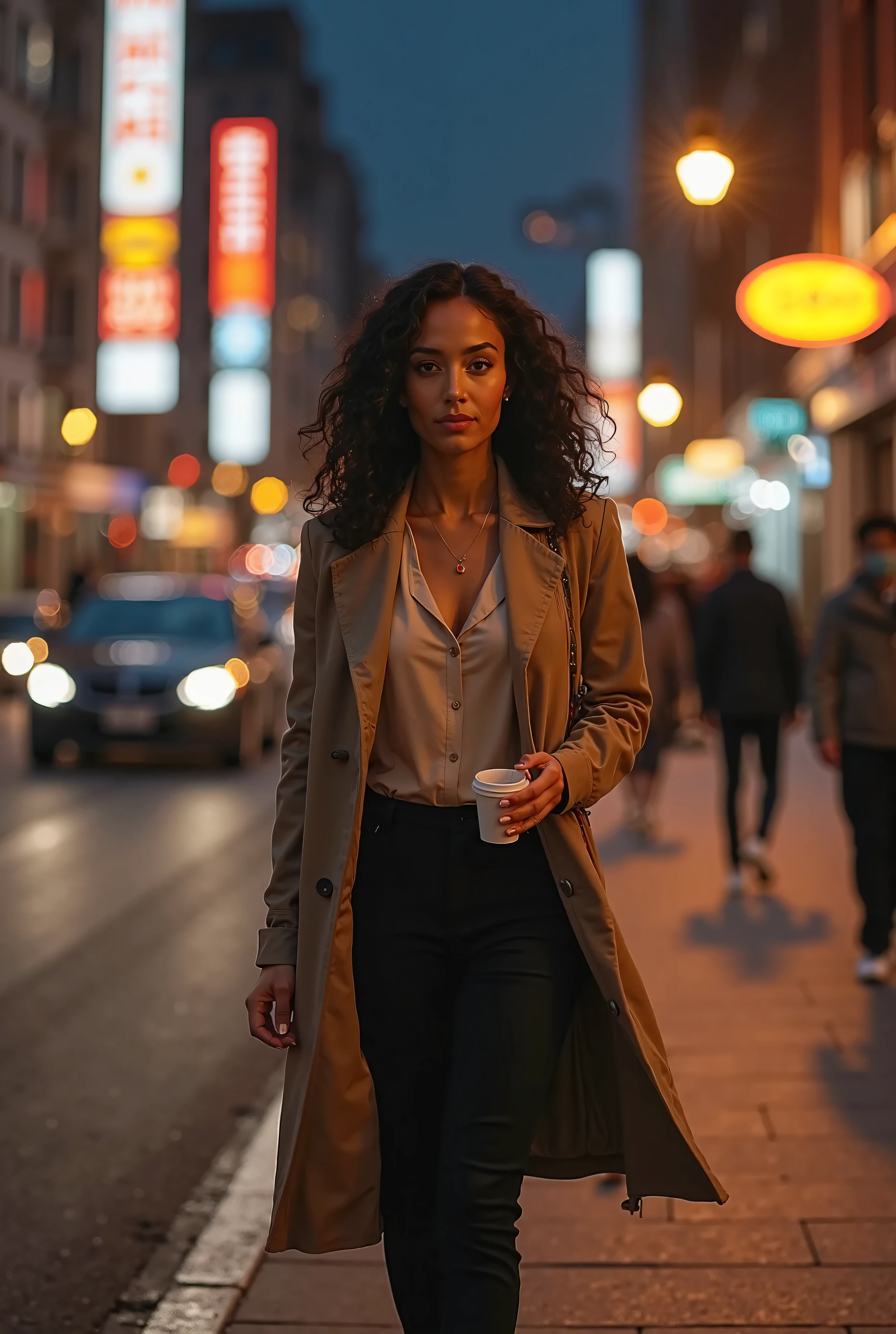 Woman walking down the street at night with a cup of coffee - SeaArt AI