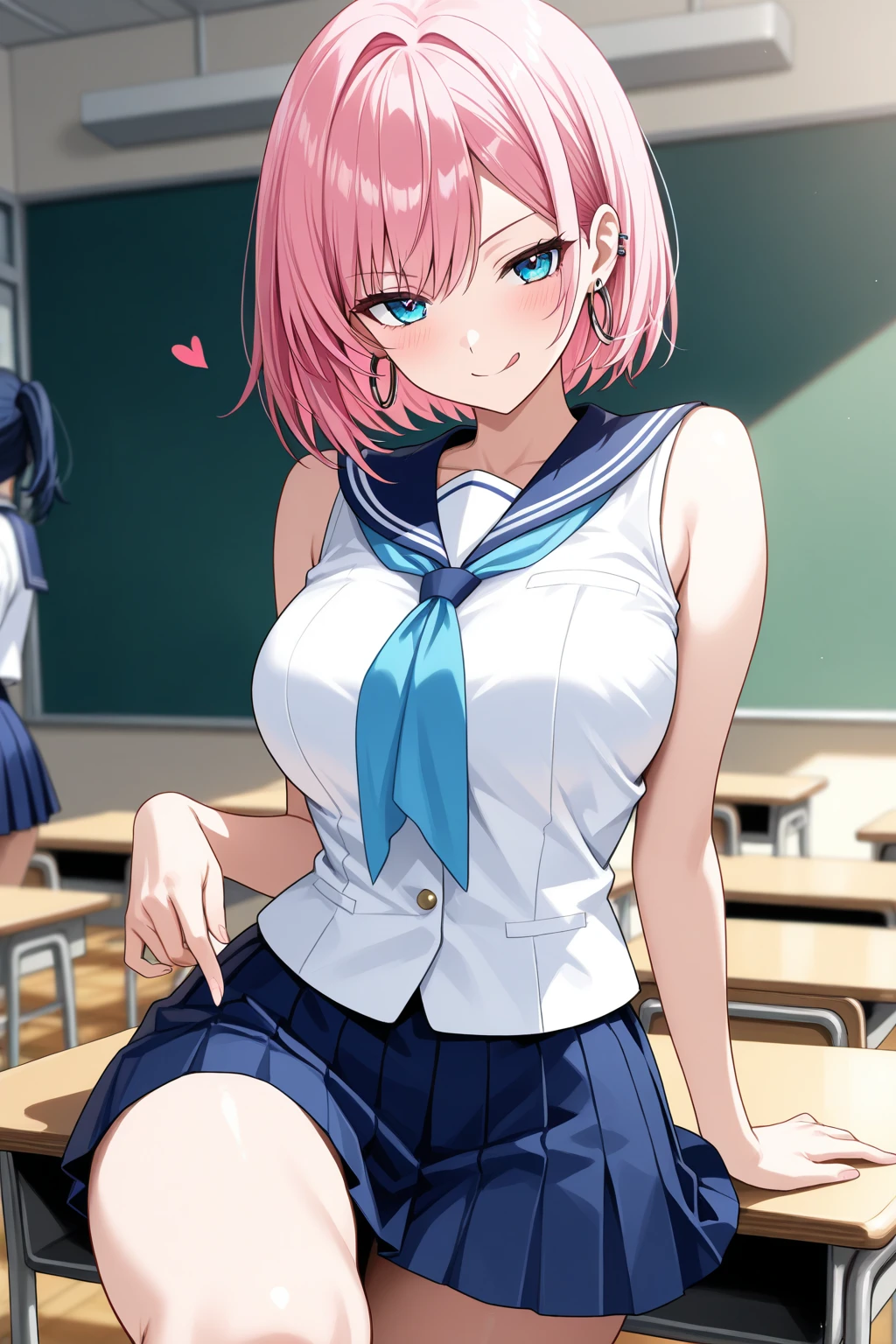 (8K、Best image quality、highest quality、masterpiece)、(Detailed face, cute eyes,Pink Hair, horn, open mouth, grin), (skinny body),(medium breasts), (school uniform), (Light blue striped pants), (cleavage), Classroom Background, (black stockings), (Thighs:1.2), (Waistline)