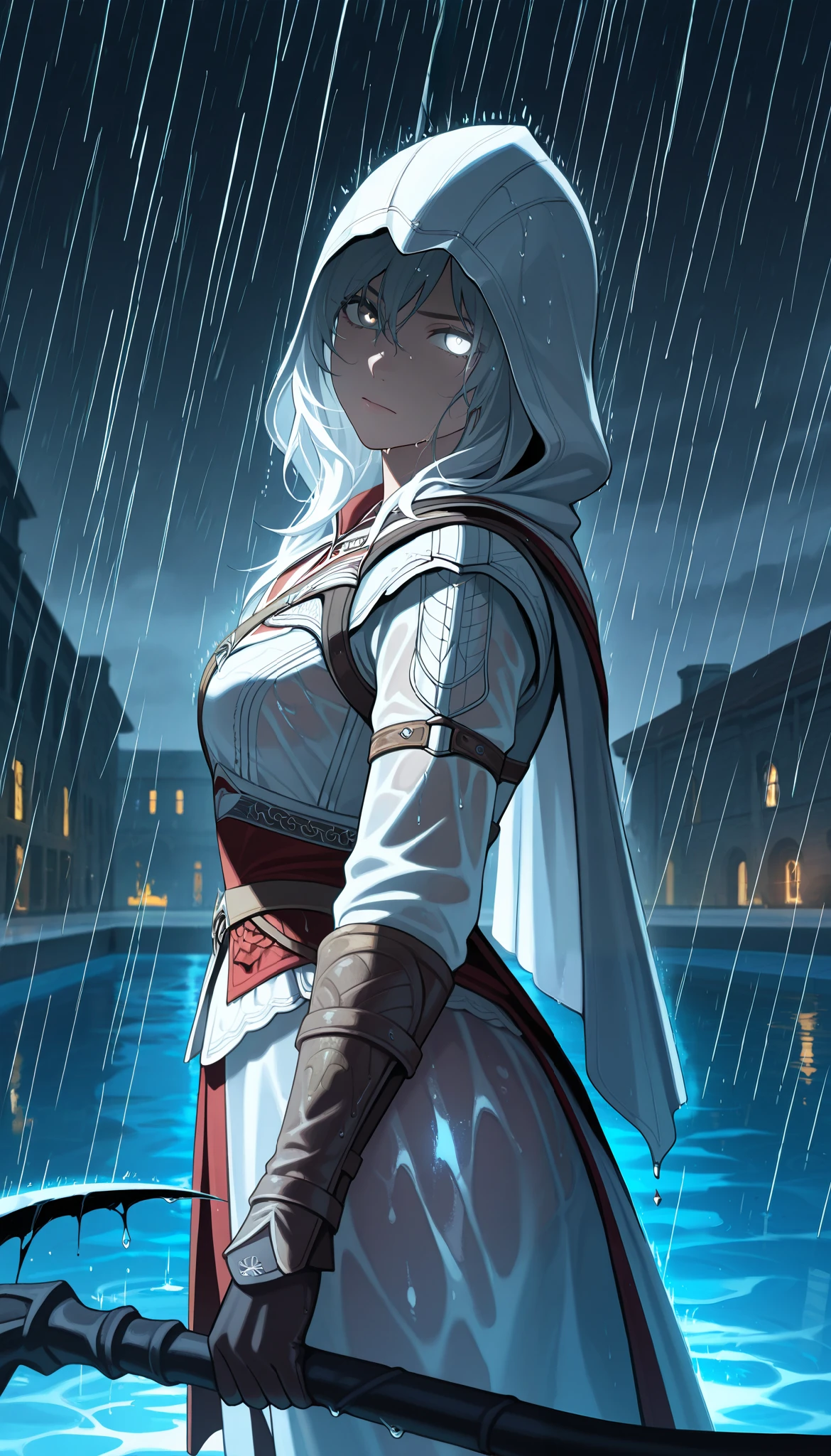 realistic lighting, masterpiece, highres, absurdres, depth of field, best quality, amazing quality, very aesthetic, high resolution, newest, hyper-detailed, 1girl, mature woman, cowboy shot, detailed skin, extremely detailed eyes, HoSenti, long hair, white hair, white eyes, heterochromia, gray eyes,, small breasts, smile, tsurime, head tilt hair between eyes, ancient greek clothes, peplos, armor trimmings, capelet, (assassin's creed:1.5) uniform, Renaissance clothes, aura of white nature magic, heavy-rain, rain, wet, wet body, wet skin, side view, from the side, glistening body, pool of water, laurel, head turned to the sky, looking at the sky, concrete, neon lights, hooded, wearing a hood, cloaked, walking in the rain, (serious expression, glowing eyes, hatred:1.4), magical aura scythe, holding scythe