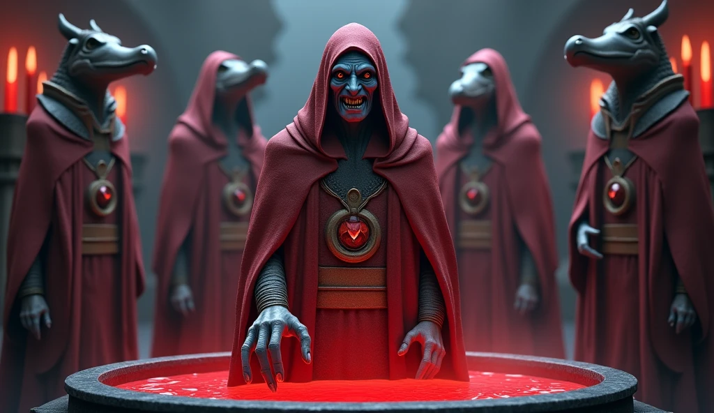 Create a realistic image of the character a wizard with aged, bluish skin wears a red cloak similar to the image I provided, he is in a realistic setting with 4 large, gigantic statues surrounding a large magical cauldron.. The statues are anthropomorphic, with animal heads and human bodies dressed in priest clothes. The statues are tall and gigantic and are fixed on a platform of the same material as the statue: ONE OF THE STATUES HAS A CROCODILE HEAD , The other has the head of a minotaur, the other has the head of a vulture and the other statue has the head of a boar. The great cauldron bubbles with boiling red liquid. the environment is dark and dark .
