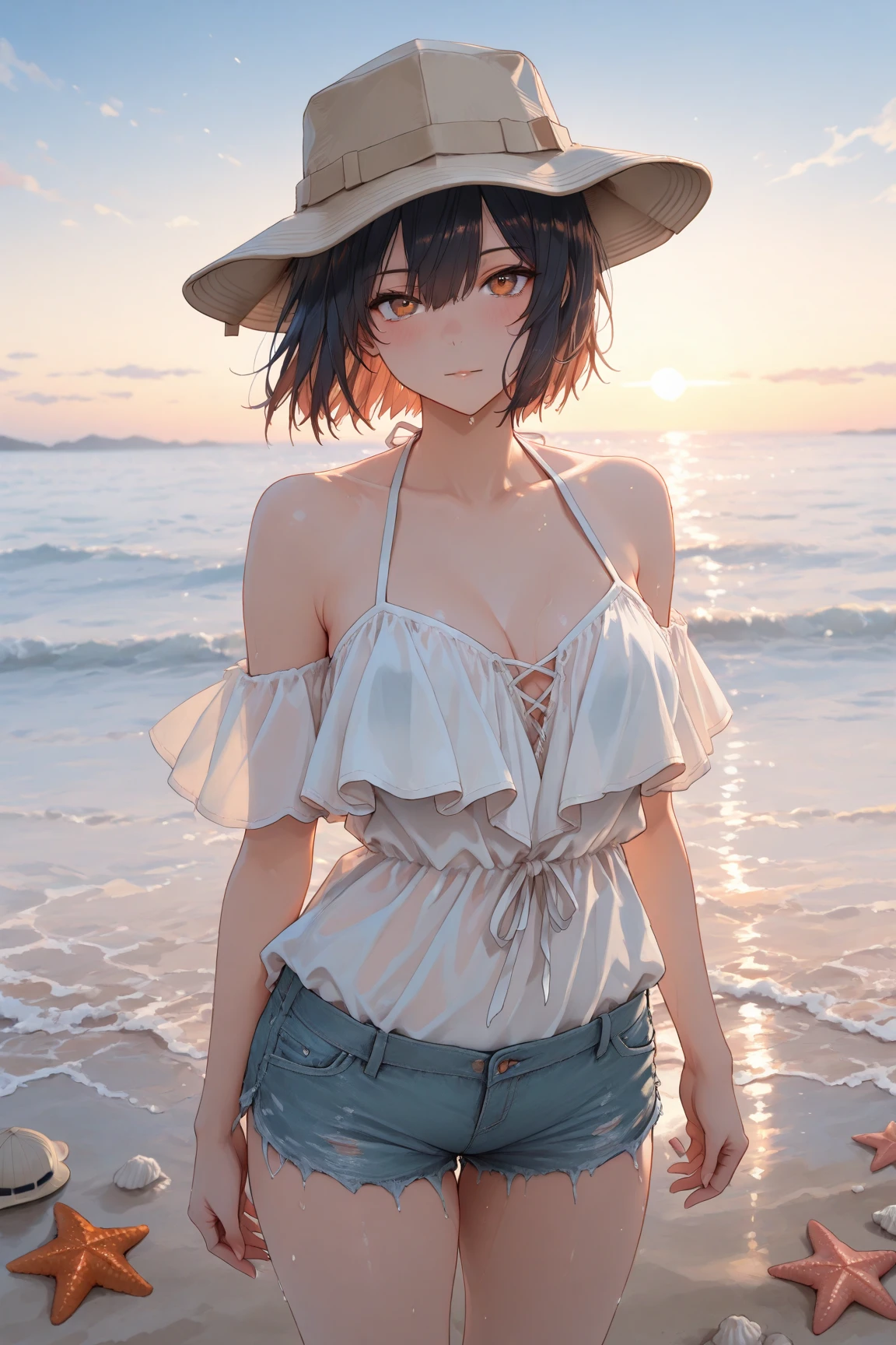 absurdres, RAW photo, extremely delicate and beautiful, masterpiece, Best Quality, ultra high resolution, 32k, hyperrealistic, ultra-detailed, perfect figure, in her 20s, very small head, very small face, delicate facial features, tearful mole, earring, huge breasts, full body shot, medium hair, black hair, Colored inner hair, casual, blouse, white shirt, buttoned shirt, bare shoulders, collarbone, midriff, navel, shorts, straw hat,