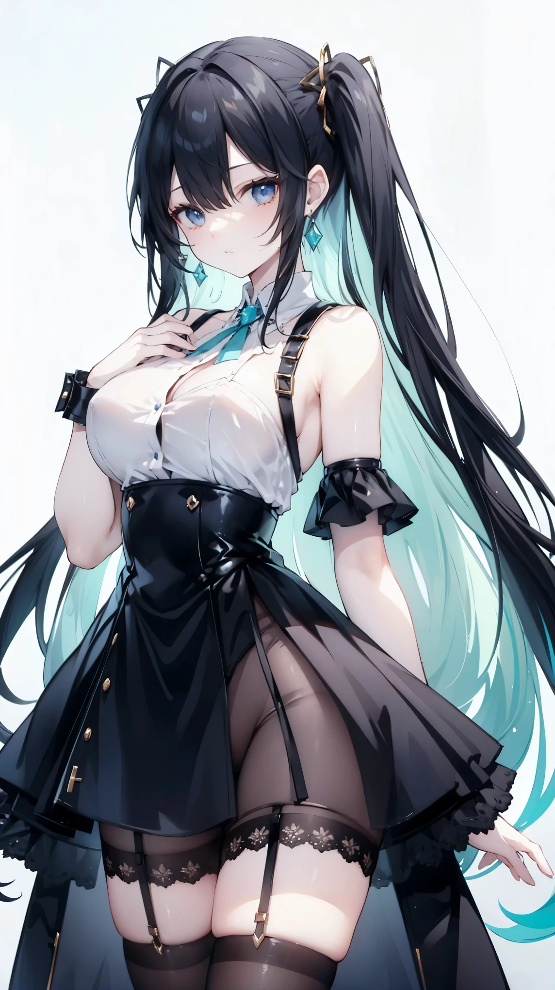 Long Black Hair、Half Up、Mint accents、Slanted Eyes、Mint-colored eyeint colored earrings、Big Breasts、Shoulder Bare、Black clothes、See-through、Black Skirt、tights、garter belt