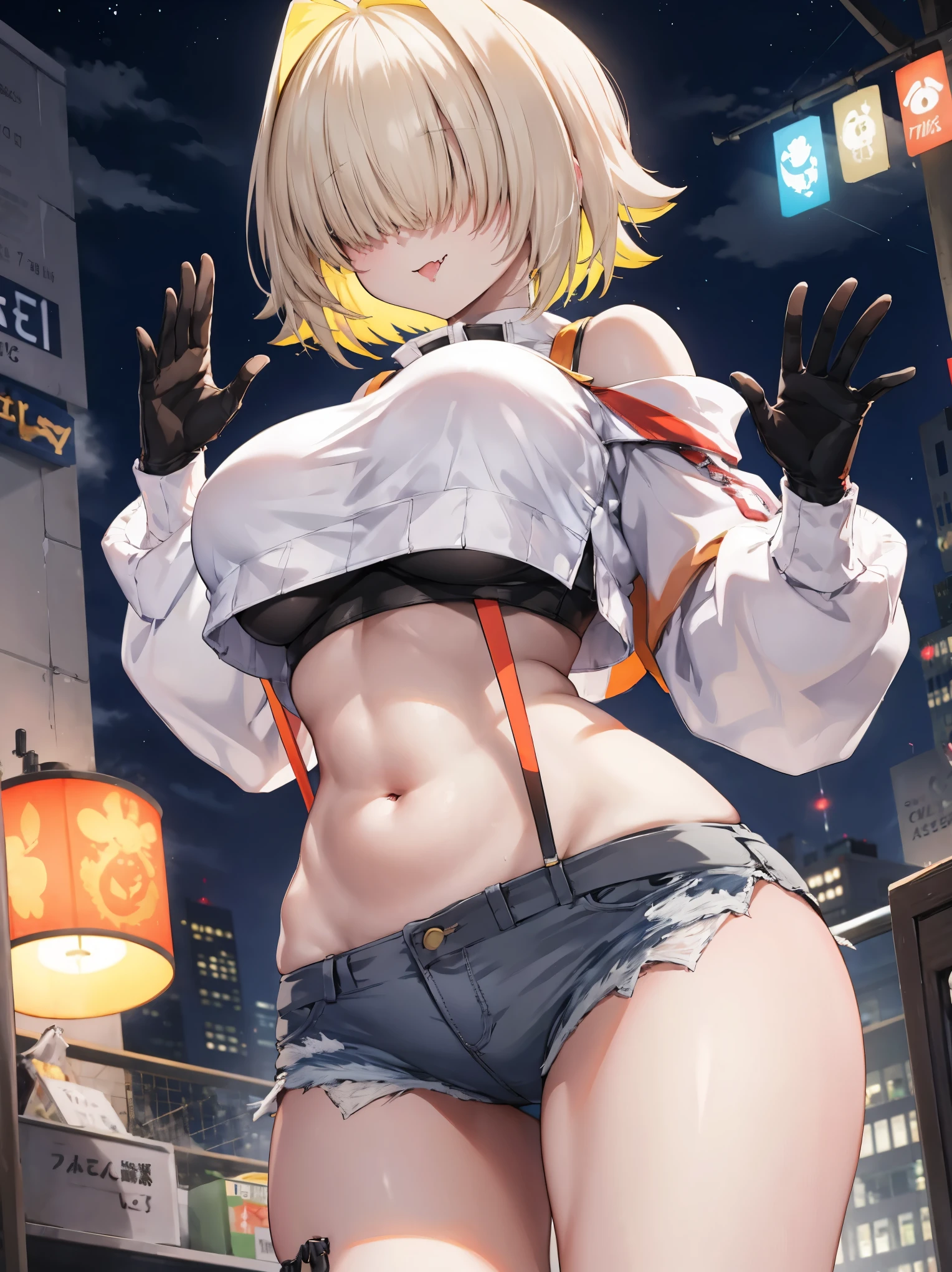 score_9, score_8_up, score_7_up, source_anime BREAK 1girl, solo, elegg, short hair, bangs, hair intakes, multicolored hair, hair over eyes, crop top, bare shoulders, long sleeves, suspenders, midriff, navel, short shorts, thigh strap, multicolored_gloves, large breasts, looking at viewer, thick thighs, (plump:0.5),(plump_lower:0.7), standing, smug, waving,
,future_city_background,night,under_breasts,lighting, (sharp_glance:0.2),nihil_smile,fang, pockets_protruding_from_shorts