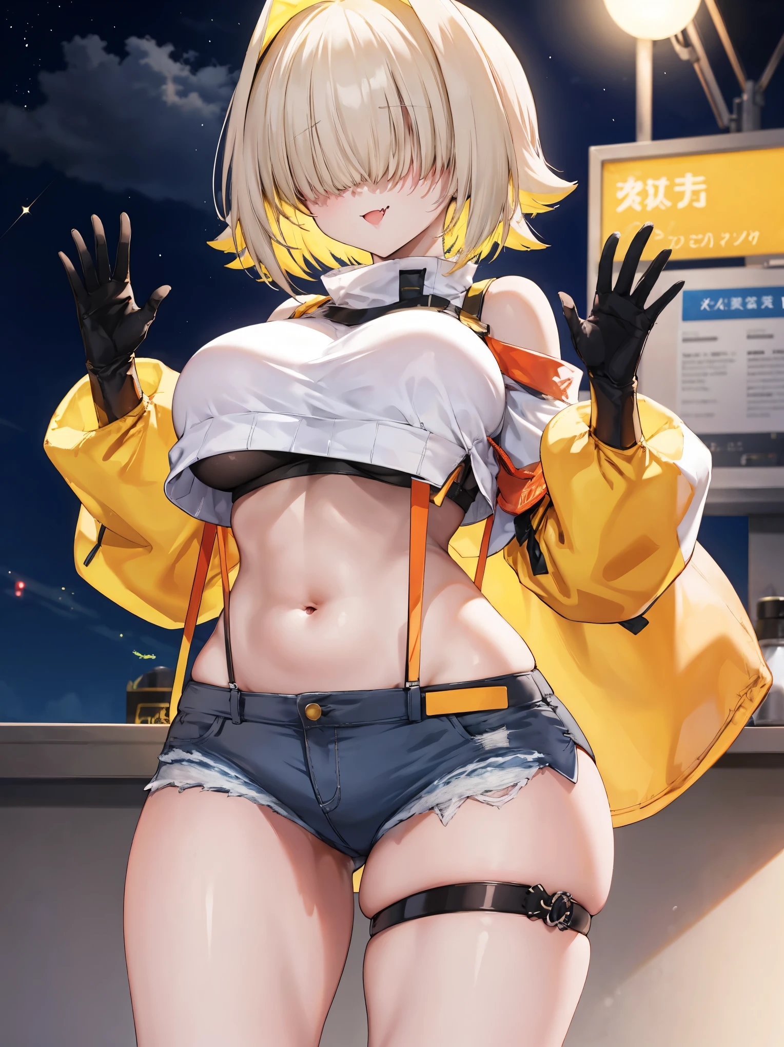 score_9, score_8_up, score_7_up, source_anime BREAK 1girl, solo, elegg, short hair, bangs, hair intakes, multicolored hair, hair over eyes, crop top, bare shoulders, long sleeves, suspenders, midriff, navel, short shorts, thigh strap, multicolored_gloves, large breasts, looking at viewer, thick thighs, (plump:0.5),(plump_lower:0.7), standing, smug, waving,
,future_city_background,night,under_breasts,lighting, (sharp_glance:0.2),nihil_smile,fang, pockets_protruding_from_shorts