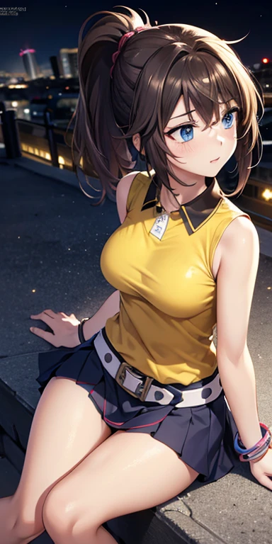 Rosa, Rosa, Brown Hair, Double Bang, doughnut Hair Bun, Hair Bun, blue eyes, Hair between the eyes, Twin tails, (Small breasts:1.2), Open your mouth, Embarrassing,
break pantyhose, Pantyhose under shorts, Raglan sleeves, skirt, yellow skirt, White shirt, Blue Sleeve, Long sleeve, Visor Cap,
break looking at viewer, Upper Body, whole body,
break outdoors,
break (masterpiece:1.2), Highest quality, High resolution, unity 8k wallpaper, (figure:0.8), (Beautiful attention to detail:1.6), Highly detailed face, Perfect lighting, Highly detailed CG, (Perfect hands, Perfect Anatomy),nsfw