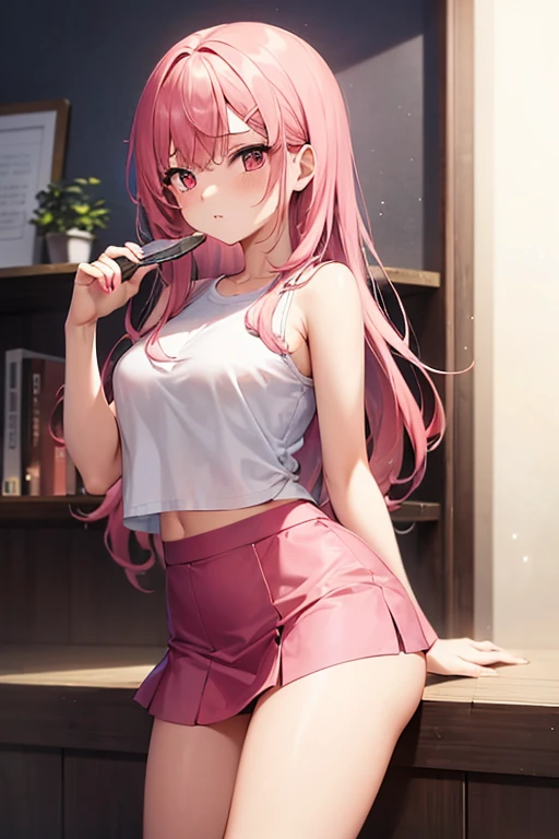 masterpiece, best quality, 1girl, soli, long hair,tank top, short skirt, pink hair ,detail body, armpits, seductive pose, 3D,