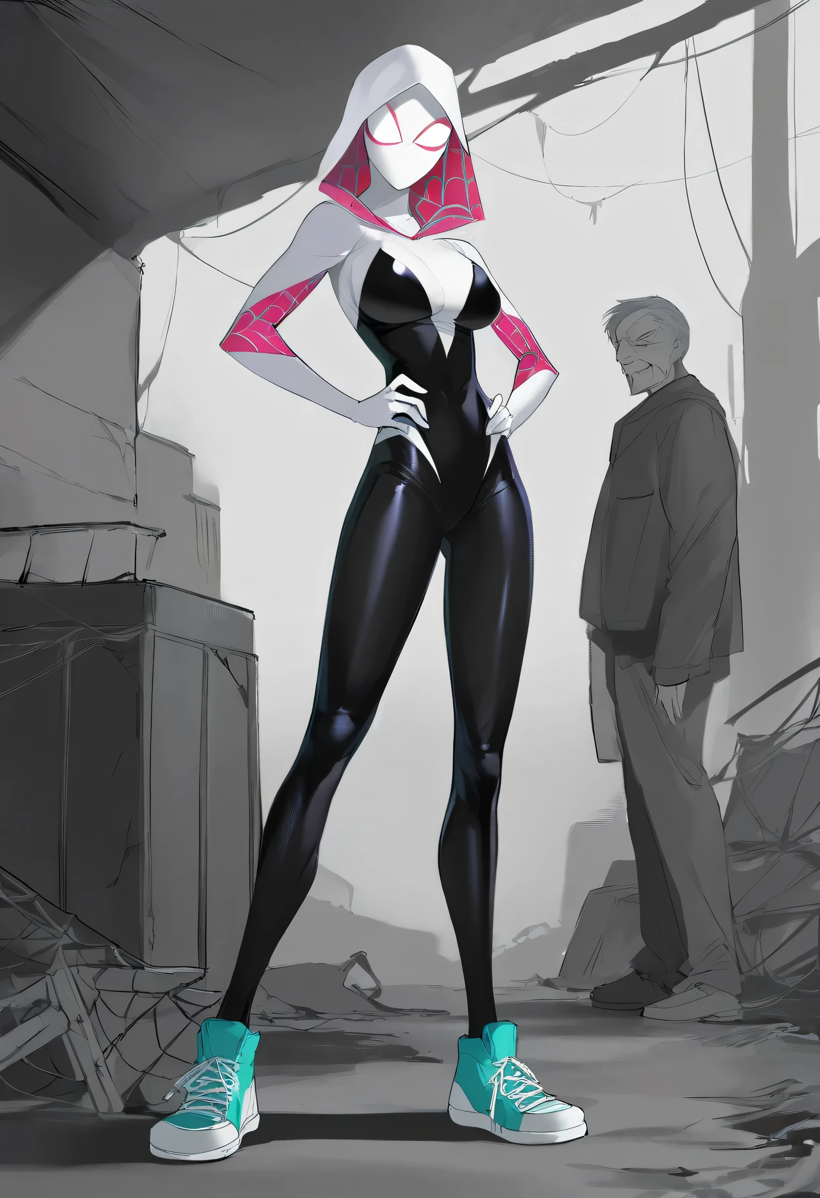 Masterpiece , best quality , Masterpiece , best quality , Spider Gwen , mask , body suit , skinny body , abdomen , big breasts , hands on hips.. , long legs , sneakers , 1 man , old man , huge , abandoned factory ,