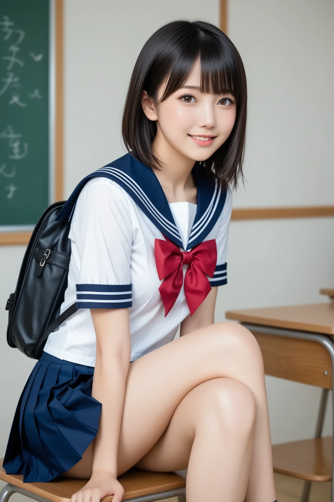 K, highest quality, real image, intricate details, Super detailed, ultra high resolution, depth field,(realistic,realistic:1.2), (small breasts:1.2), japanese girl, very beautiful 17 year old girl, (beautiful breasts:1.5, highly detailed eyes:1.2), (beautiful breasts:1.1), bangs, perfect skin, Fair skin, tight waist, looking at the viewer, black hair, hair behind the ear, shoulder hair, long hair, no makeup, knees together, in a high school classroom, During class, (high school sailor suit:1.2), (navy pleated skirt:1.2), sit in a chair