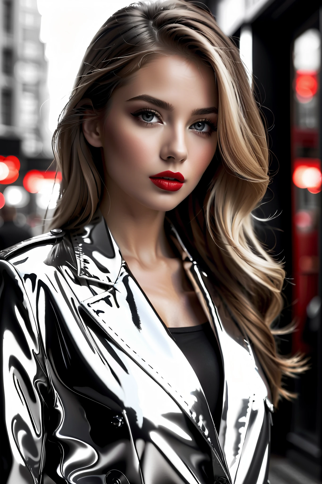 1girl, Sublime femme suédoise très sexy, Detailed lips, detailed eyes, detailed eyelash, detailed face, (((sublime and detailed full body))), long cheveux, visage de séduction, (((shiny red lipstick :2.0, glossy lipstick))), photo du corps entier:2.5, ((porter un manteau_rouge, porte des talons_aiguilles_rouge)),(( photo noir et blanc, black and white, Low-angle photo)), (((photo noir et blanc : 2.0, black and white photo :2.0, shiny red only on lipstick, b/w, b&w, une femme, 1girl))) abdominaux légèrement dessinés, nombril visible