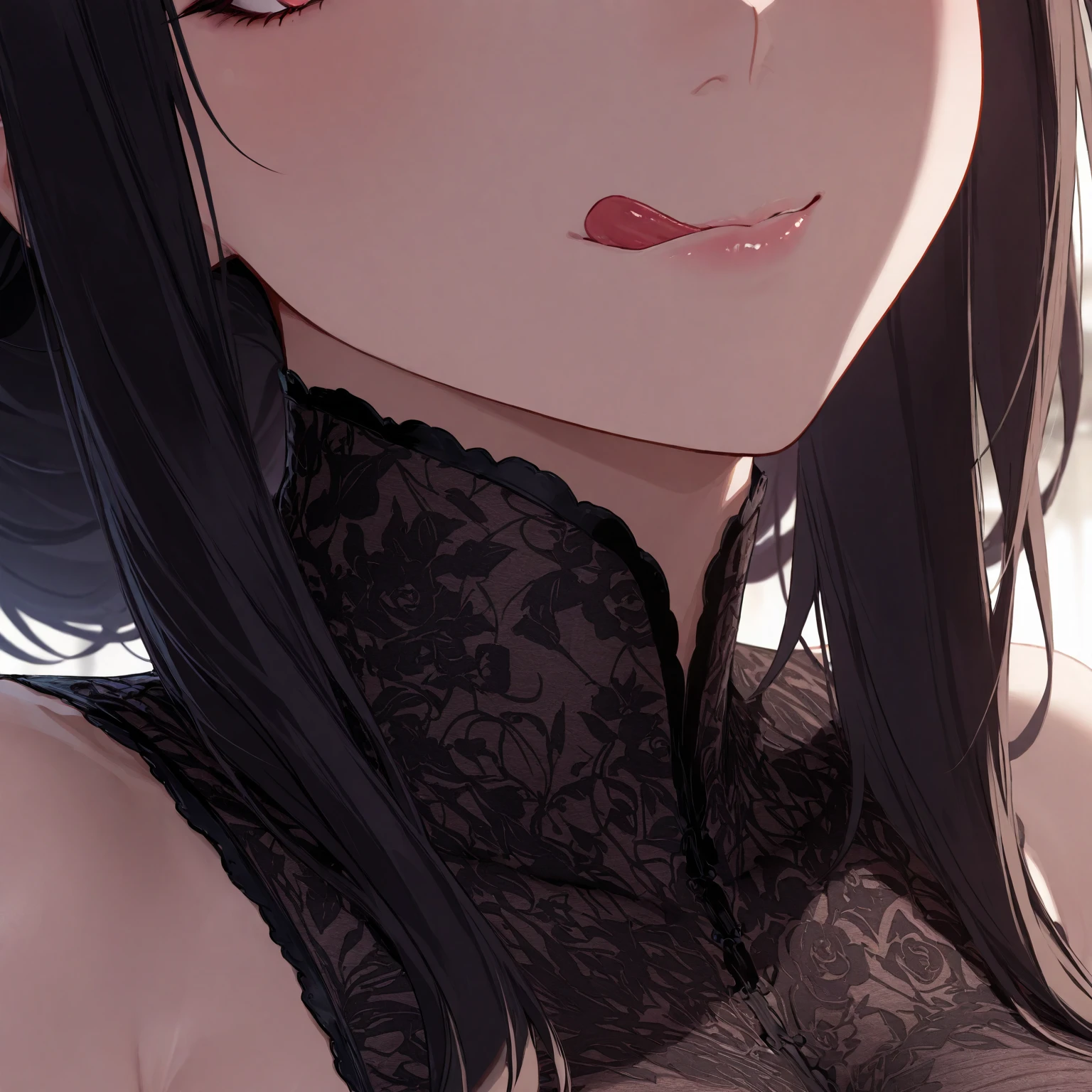 masterpiece, Score_9, Score_8_up, Score_7_up, rear view, 1 woman, alone, black hair, long hair, parted bangs, Dark red eyes, half-closed eyes, parted lips, expressionless, pale skin, large breasts, upper body, Black nightgown with transparent V-neckline, long split bangs, with a mole below the mouth, Boku no Hero academia