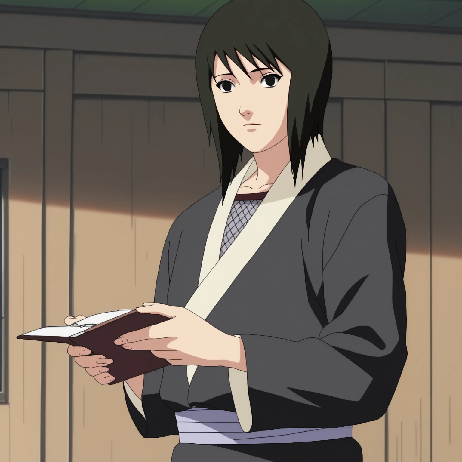 "(Masterpiece, ultra detailed, High quality:1.2), score_9, score_8_arriba, score_7_arriba, anime style, Shizune standing in the Council Room, alone, Resigned expression, MIRADA CONCENTRADA, holding a folder with documents in her hands, straight but relaxed posture, warm evening lighting, in the room , background with wooden shelves and stacked scrolls, formal and solemn atmosphere, traditional clothing with medical gown or ninja outfit, dark hair well collected with some long locks, realistic texture on the fabric and documents, dramatic lighting highlighting her face, balanced composition, arte anime ultra detailed, sense of responsibility and political tension."