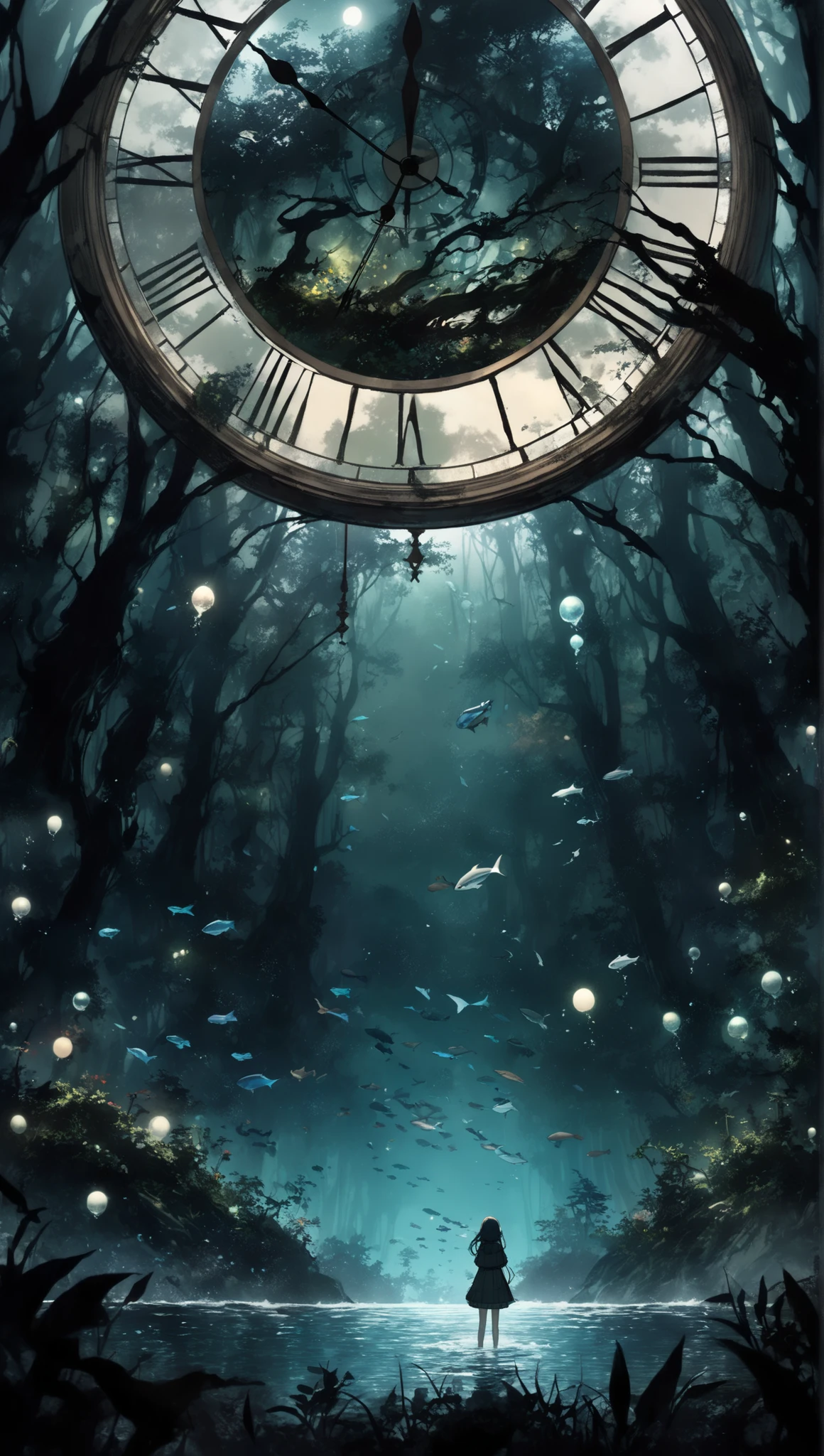 Fantasy World, what you can't see in the light can be seen floating in the dark in the dark, yesterday is tomorrow in the dark of the forest pitch-dark forest
Fish are in the sky small birds splashing into the water ,a completely dark forest is a strange place it's been completely dark since morning
If you listen, you won't hear anything (if you look at the clock, it goes upside down:1.1) A completely dark forest is a maze of the mind fast is slow completely dark forest
Everyone knows where it is nobody knows where it is the pitch black forest keeps moving
A completely dark forest near and far
A completely dark forest close and far,(Giant deep-sea creatures swim in the sky:1.1),(Putty Dark Forest :1.3),(The big mirror clock:1.3)