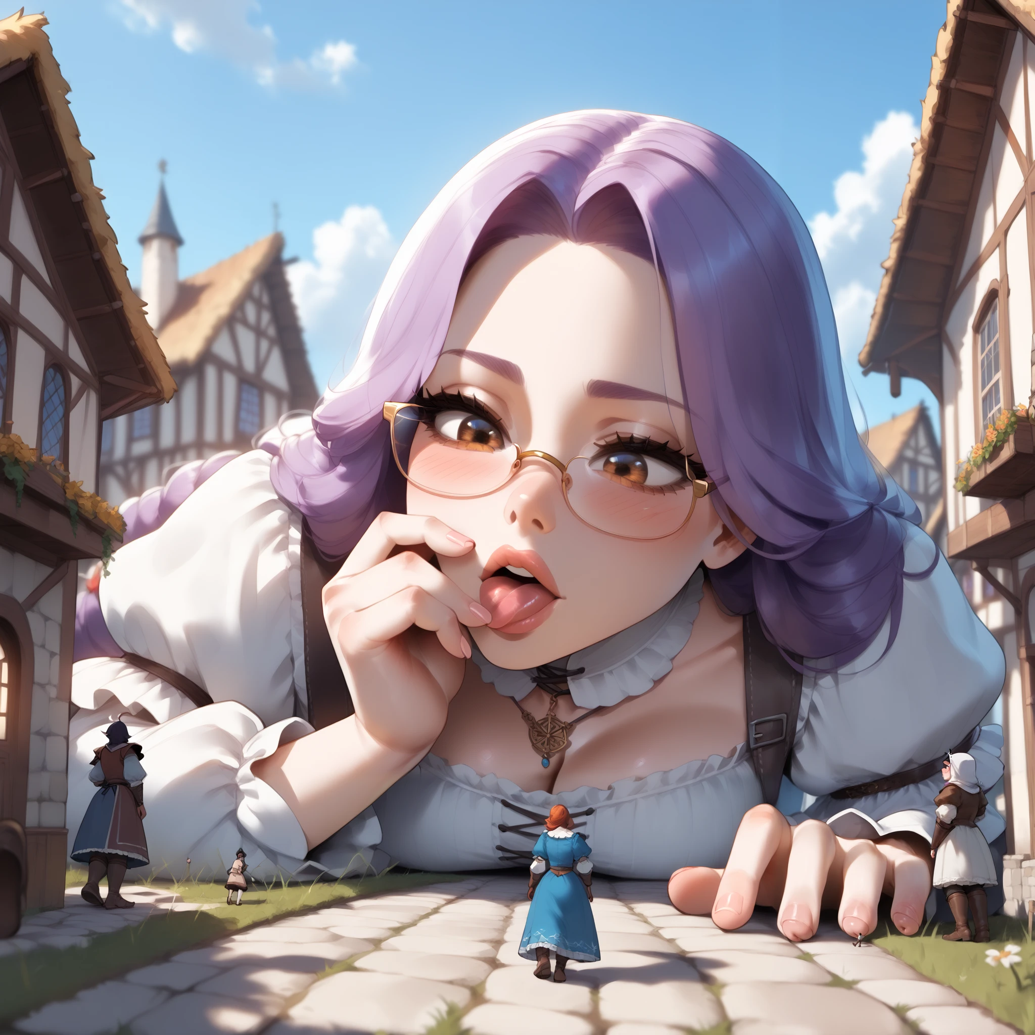 Dark Skin_futa, Giant, medieval town_Setting, Black_Modern Dress, Lick_Lips, Blush, Futanari, Giantess, Brown eyes, Long_Hair, Purple_Hair, adult, laying down, Black_Glasses, massive_height. staring at tiny
