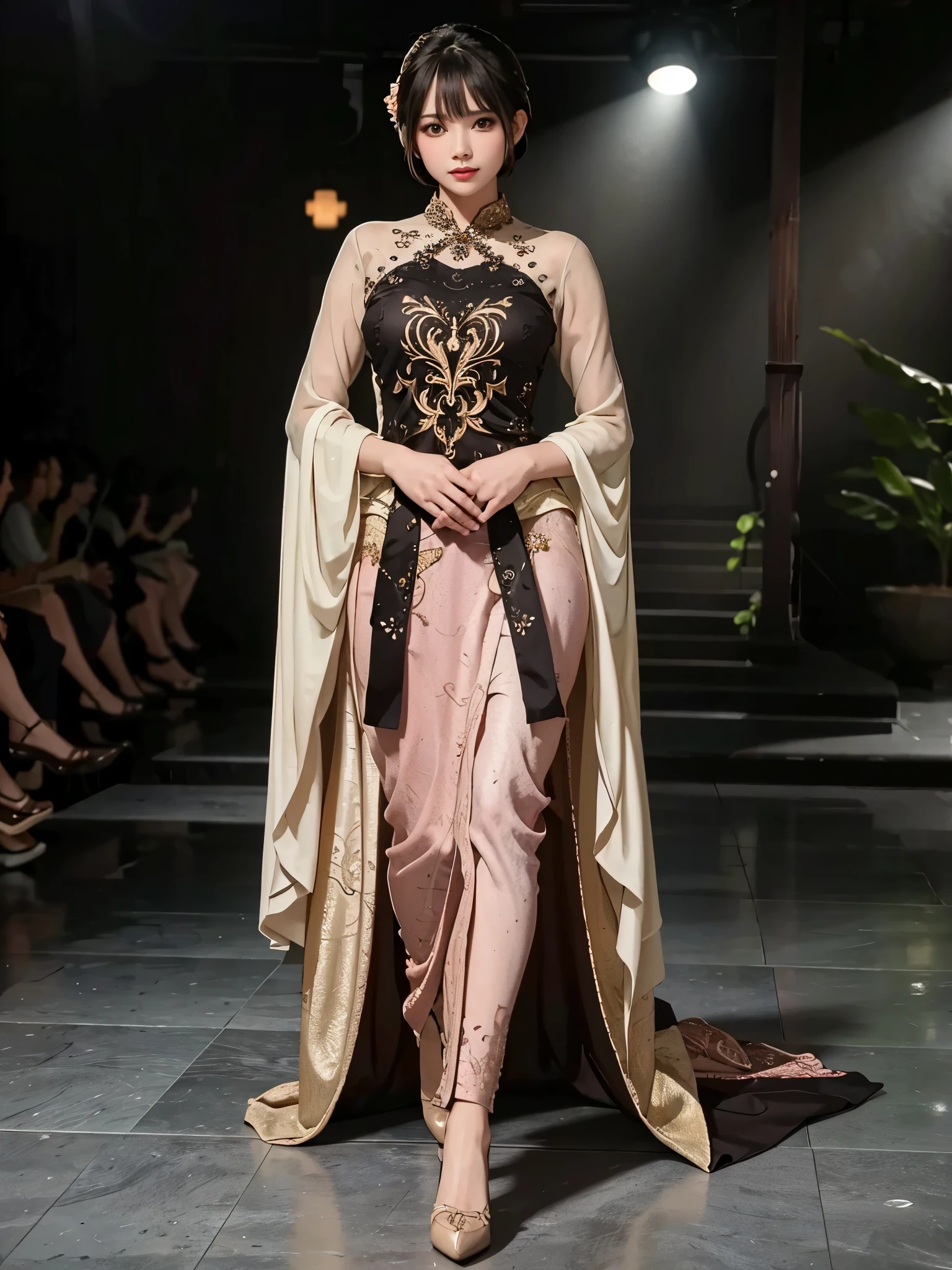 ((best quality,4k,highres,masterpiece:1.2)),((character concept art)), 1 man, age 25, Chinese Hong Kong, Hong Kong Elite, eldest sister, triad male leader, Known for her impeccable fashion sense and elegant demeanor, she is a true embodiment of the Versace brand. His body language is as captivating as his style, always exuding confidence and high fashion. (((he's wearing an exquisite Versace Barocco-print Shirt in Silk and Barocco-print leggings gold-tone/white/black, a true testament to the brand's luxurious aesthetic.))) Paired with Versace  Tribute Sandals, she carries her ensemble with an air of effortless sophistication. Her accessories include a pair of Versace Tribute Sunglasses, enhancing her overall look. ((intricate detail)), super finely detailed hands, ultra finely detailed fingers(((ten fingers))), (standing still with confidently), (full body showcase), (show full body), (no logos on background), (no logo), ((plain background)), ((plain background)), (((empty background))).hot man, hot male , hot man , very small spikey boyish haircut, hot man 