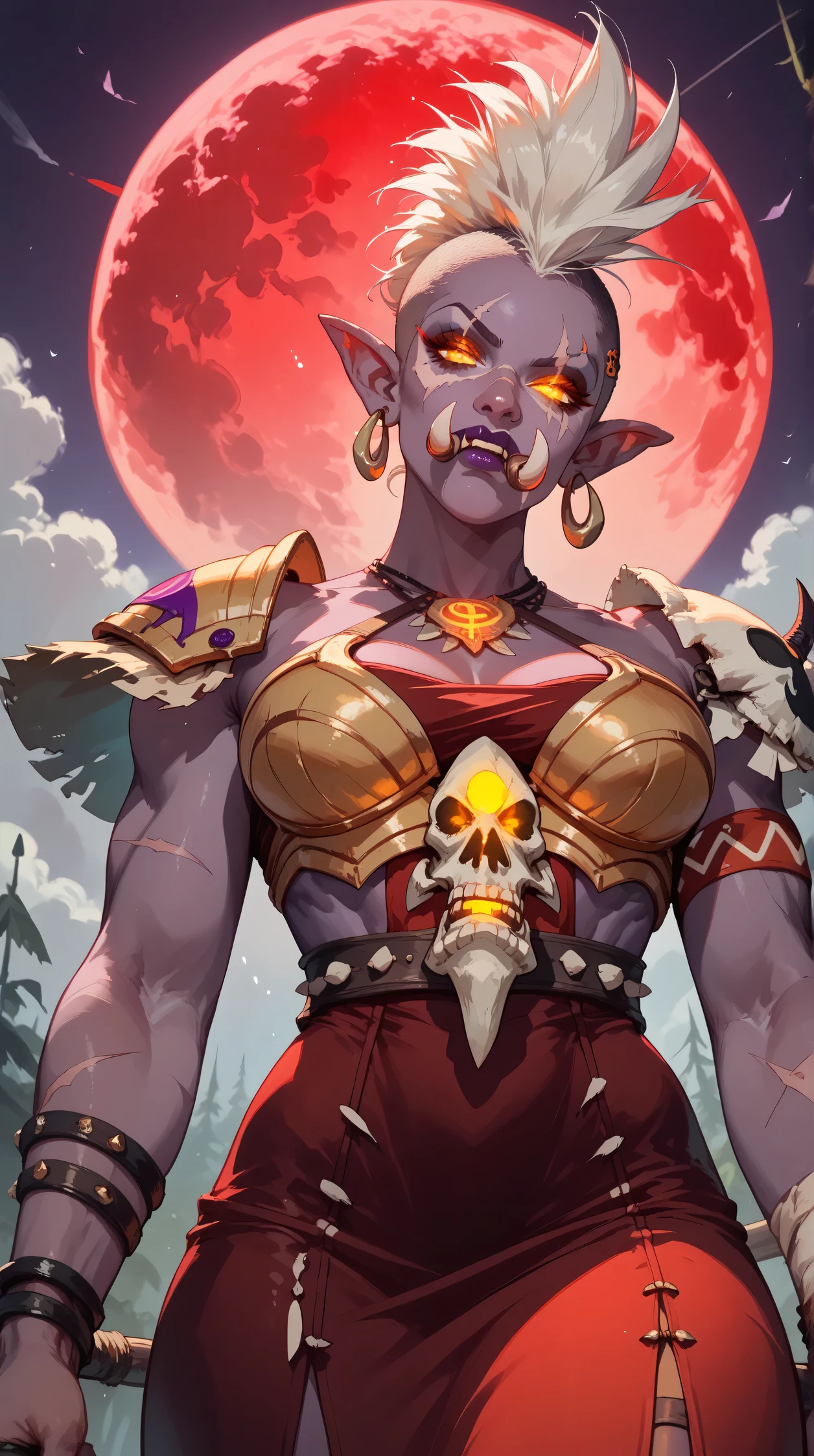 Trolls
large pointed ears, large nose, fangs
tusks, sexy beautiful female troll,  toned body,, curvy, dark  purple skin, white hair, (big high mohawk hairstyle:1.2), tribal tattos, sexy, ((very dark purple skin:1.1)) (dark skin:1.1) big tusks, raised eyebrow, fierce, powerful, menancing, grim, yellow glowing eyes, wearing a (dress_armor made of bones and skulls:1.4), dark, evil, macabre, , wielding a staff made of vertebras and ribcage. voodoo shaman troll, whitch doctor, shadow hunter. highly detailed face, dynamic posing, from below, battle ready, ((in a dark swamp)) covered in blood, full of scars, scars over eye, red_tribal tattoos, shredded abs, revealing armor, sexy,  (from below, focus on face, portrait, close shot:1.2) ((soft light, hard highlight, red moon, backlight))