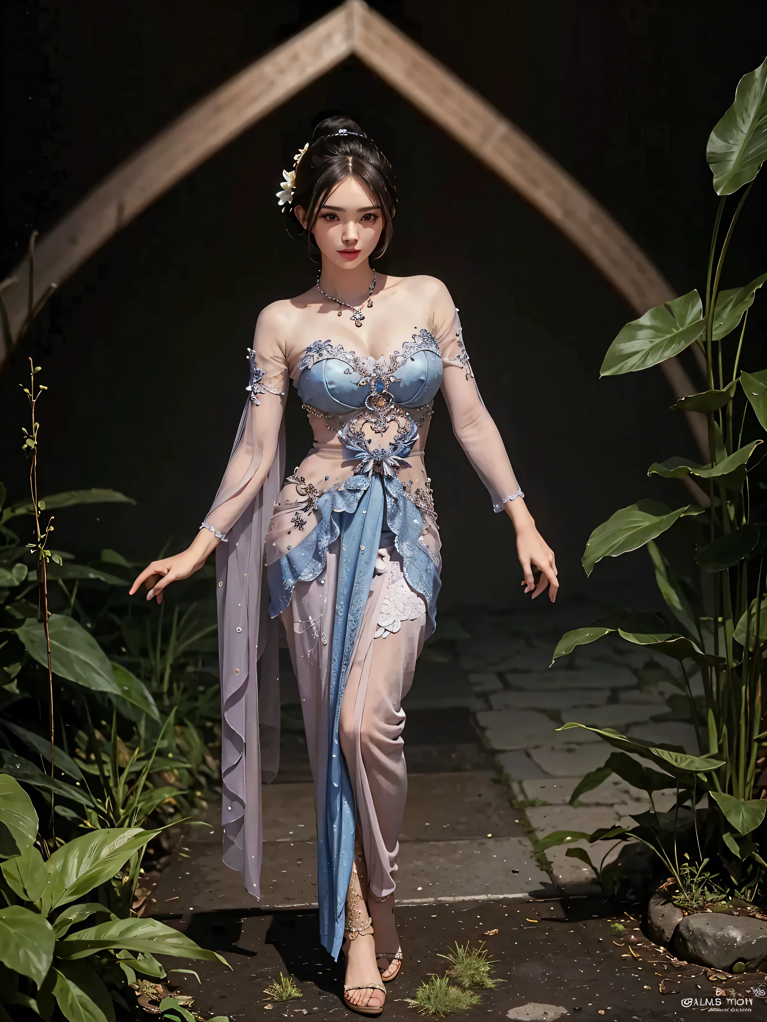 Two good-looking sexy asian beauties with long hair in transparent cheongsam, vacuum, big breasts, realism, seductive pose, full body, standing, long legs, high heels, park