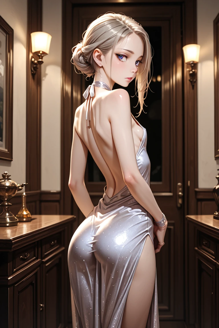 ((masterpiece)), ((best quality)), ((ultra detailed)), delicate, (ultra realistic), 16k wallpaper, ((extremely detailed)), ((visual impact))、(raise both arms behind your head:1.5)、(Wear only high heels:1.5)、lewd woman ((no bra)), ((nsfw)), (exposed tits), ((1girl)), very young, short, oyakodon, mother_and_daughter, glass eyes, purple eyes, oily lip, extremely long hair, fluttering in the wind, ((anatomically correct legs)), ((anatomically correct hands)), perfect hands, (five fingers), (detailed face), ( perfect butt), (perfect face), (perfect body), extremely , small breasts, she is taking off her clothes, She has a loving look, an expression of longing, Intricate flower hair ornaments, (highly detailed clothing), intricate clothing, (((tiny intricate pink sleeveless dress))), (black choker, detailed gold and diamond pendant), ((high heels)), A huge antique clock, gears, pendulums, antique numbers on the floor, vintage atmosphere, antique porcelain vases, dried flowers in jars, rows of antique wine bottles, antique furniture. fine porcelain, small decorative figurines, old painted paintings,