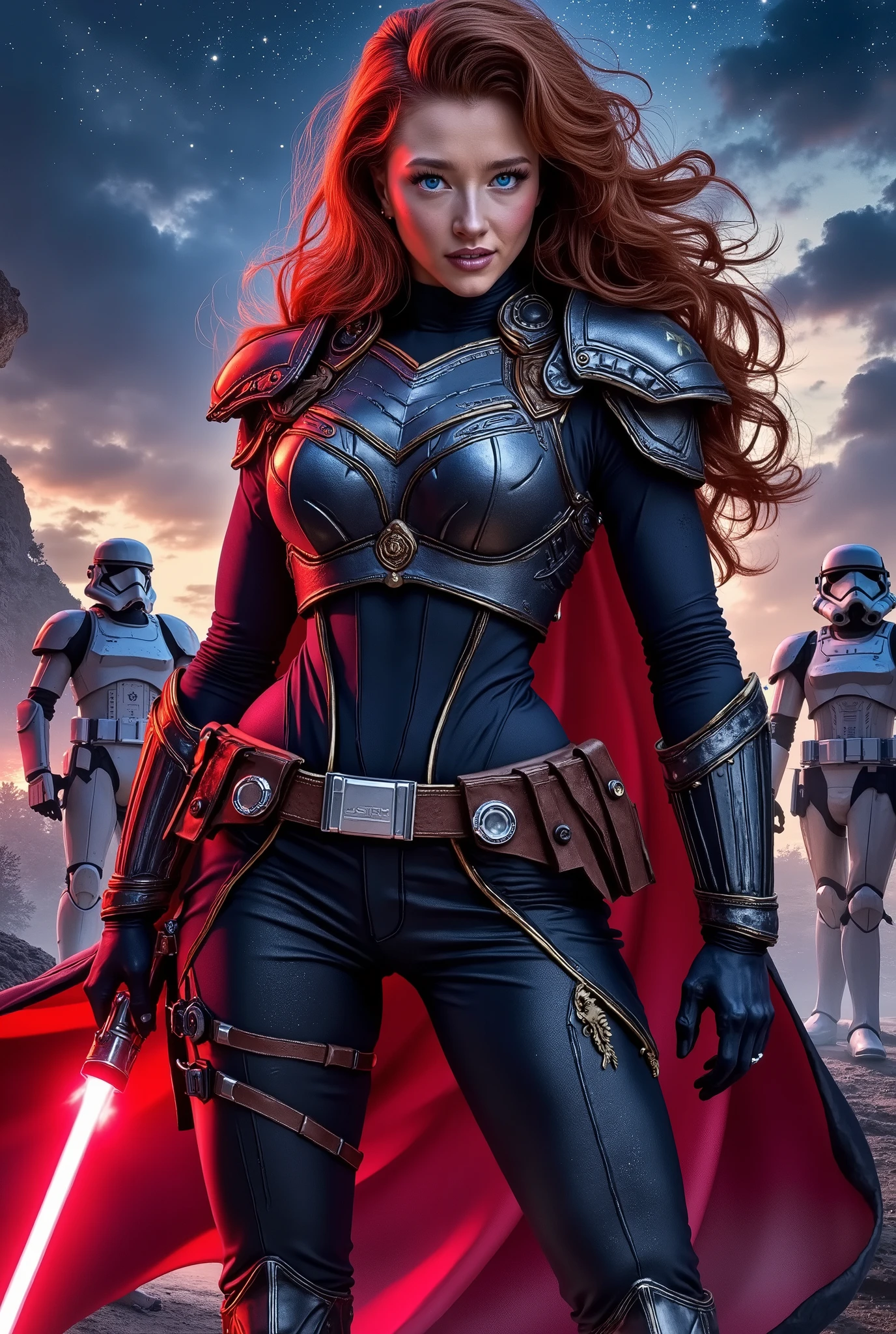 Phoebe as a Mara Jade Skywalker with perfect eyes with long red hair, dressed in tight leather turtleneck combat outfit with pauldrons, using a red lightsaber, a hooded cape, strong seductive makeup, bedroom eyes, cinematic lighting, photorealism, background: on a sci-fi battelfield with a legion of stormtroopers standing shoulder to shoulder far behind her, blurry background, night time with stars, dark blurry background with red glow,