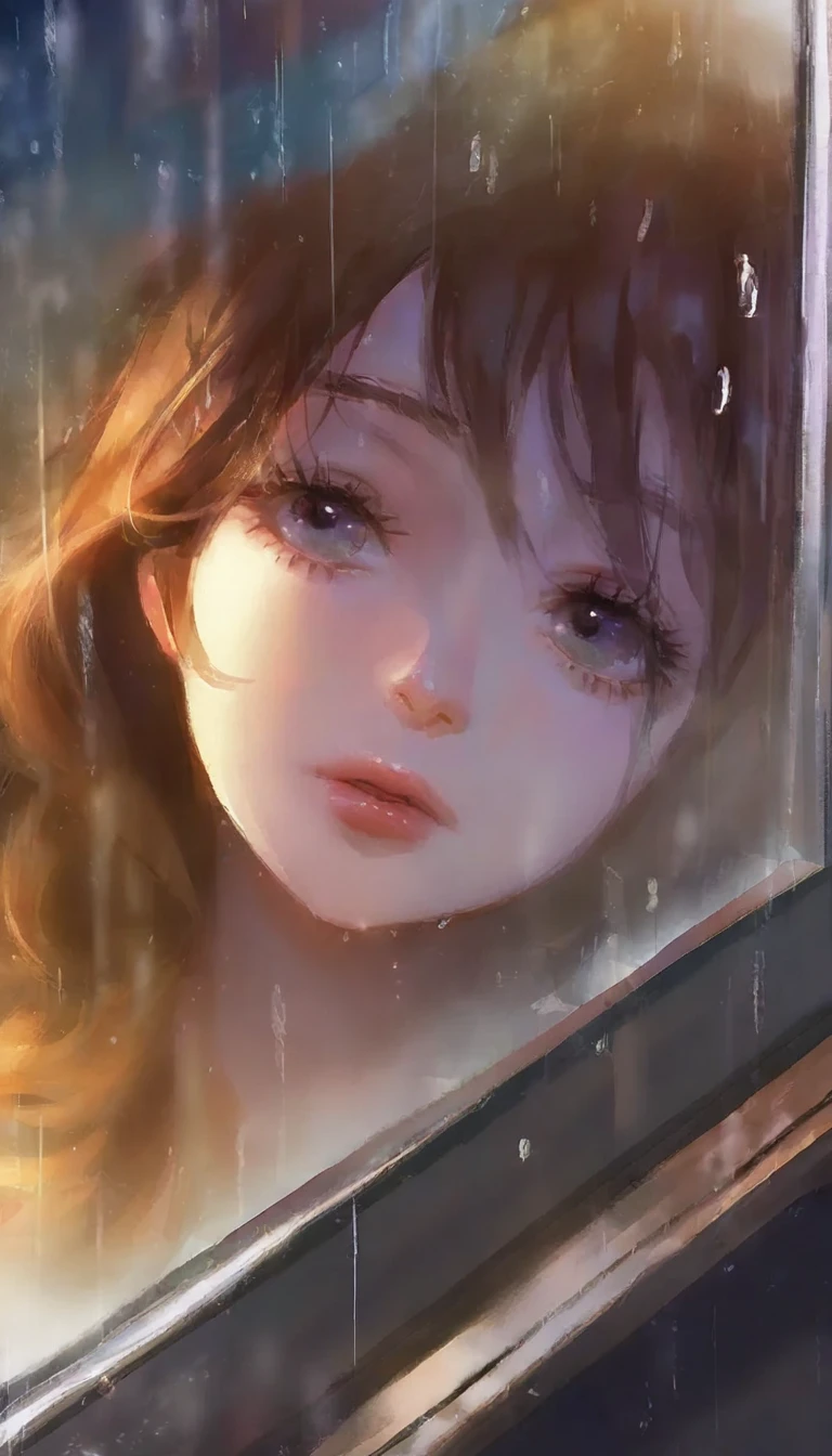 What happens when it rains?, a girl looking out the window as it rains, beautiful detailed eyes, beautiful detailed lips, extremely detailed eyes and face, longeyelashes, 1girl, digital painting, hyper detailed, moody atmosphere, rainy day, reflections on glass, cozy interior, warm colors, soft focus, se ve a la joven mirando de espaldas a la camara, cinematic lighting 1080P, HD, 16k