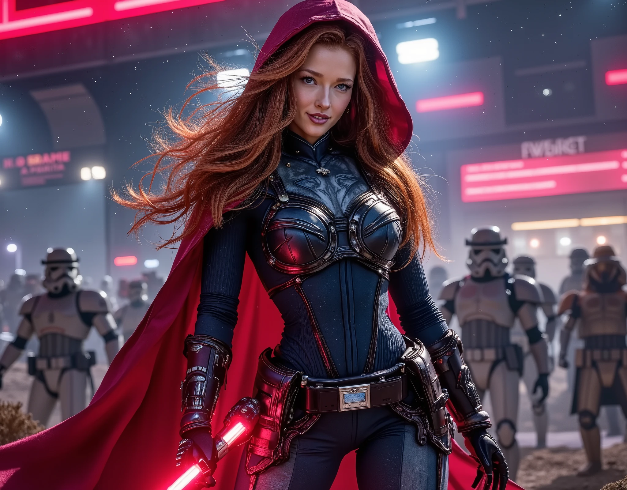 Phoebe as a Mara Jade Skywalker with perfect eyes with long red hair, dressed in tight leather turtleneck combat outfit with pauldrons, using a red lightsaber, a hooded cape, strong seductive makeup, bedroom eyes, cinematic lighting, photorealism, background: on a sci-fi battelfield with a legion of stormtroopers standing shoulder to shoulder far behind her, blurry background, night time with stars, dark blurry background with red glow, 