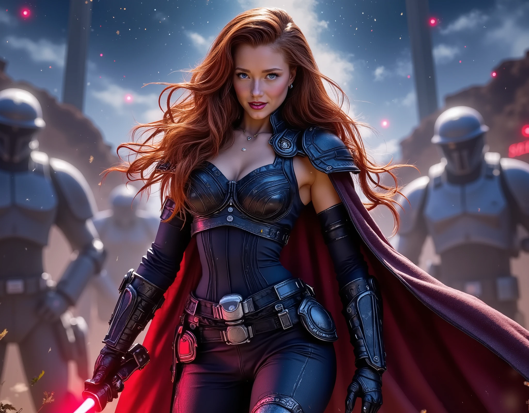 Phoebe as a Mara Jade Skywalker with perfect eyes with long red hair, dressed in tight leather turtleneck combat outfit with pauldrons, using a red lightsaber, a hooded cape, strong seductive makeup, bedroom eyes, cinematic lighting, photorealism, background: on a sci-fi battelfield with a legion of stormtroopers standing shoulder to shoulder far behind her, blurry background, night time with stars, dark blurry background with red glow,