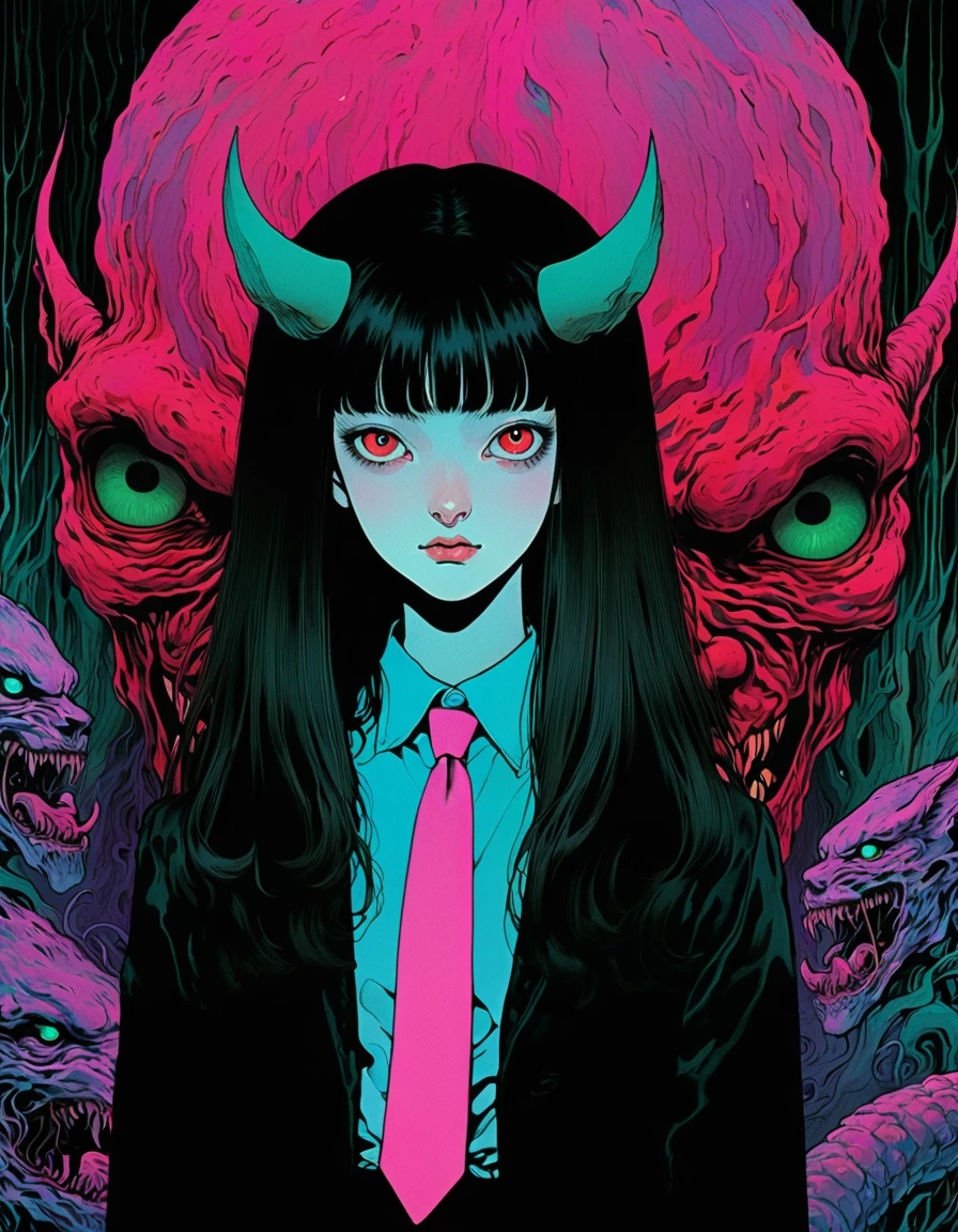illust、art、from 80s horror movie, directed by Junji Ito、nightmare、hell、devil、high detail, realsitic shadow、Analog style, vhs style, 8mm film, chromatic aberration, Dvd screengrab、Blue-purple and red-purple gradation、Surrealism