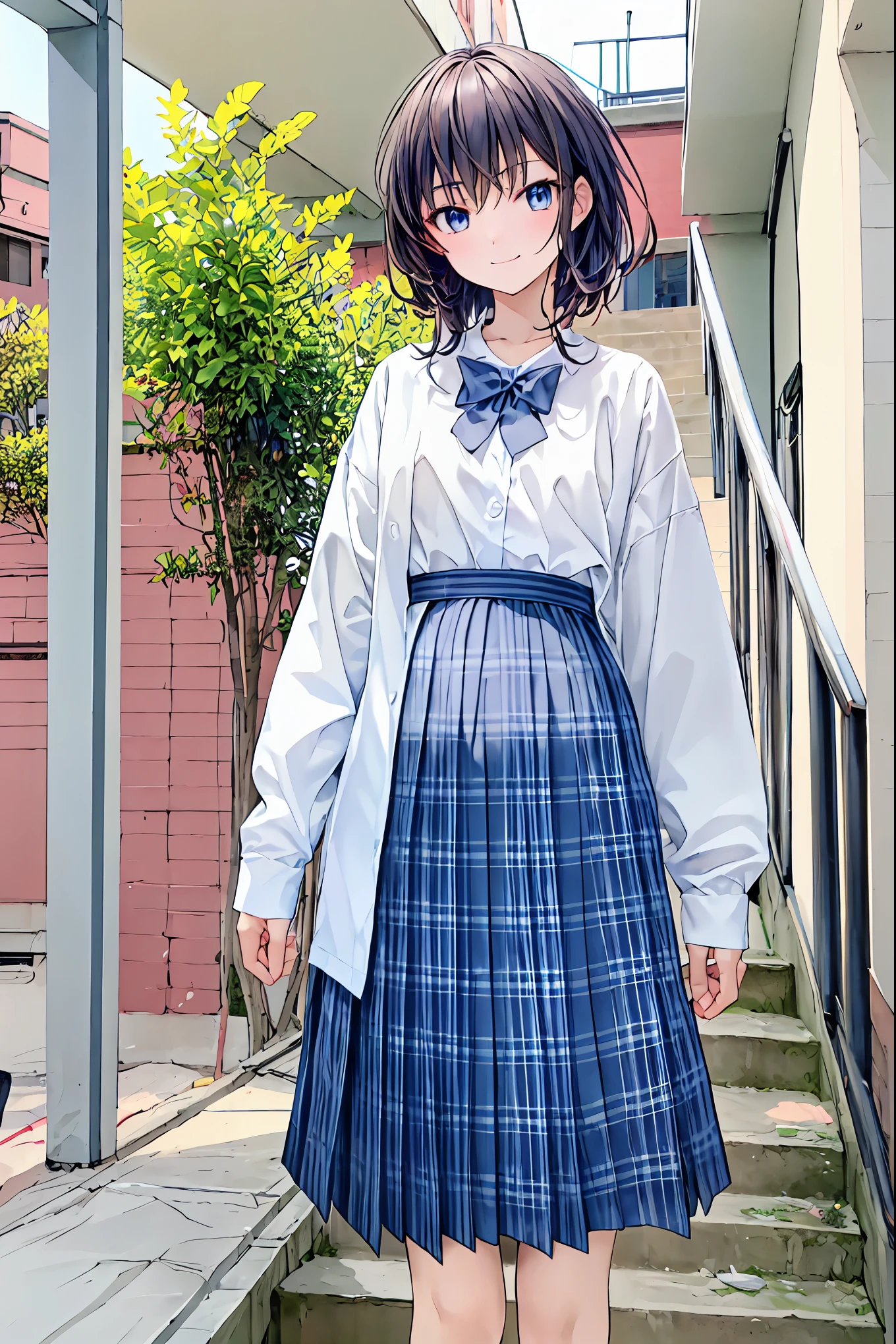 ( masterpiece、 Detailed Anime )、(3 cute girls、summer服)、( Stairs in a dilapidated residential area、Battleship Island、Stairs to the basement、garbage)、(summer)、(smile、fun)、Sunny Day,smile、Happy school s 、 Perfect Anatomy, Hair,shortcuts, unkempt hair with an opening,Short braided hair,Neat, slender beautiful woman, correct posture,Small chest,beautiful legs, enchanting gray-blue eyes shine like stars, droopy eyes , bright colors,beautiful eyes,繊細なsmile,Textured Skin, Best Quality at its Best , gentle and beautiful woman , anime style、