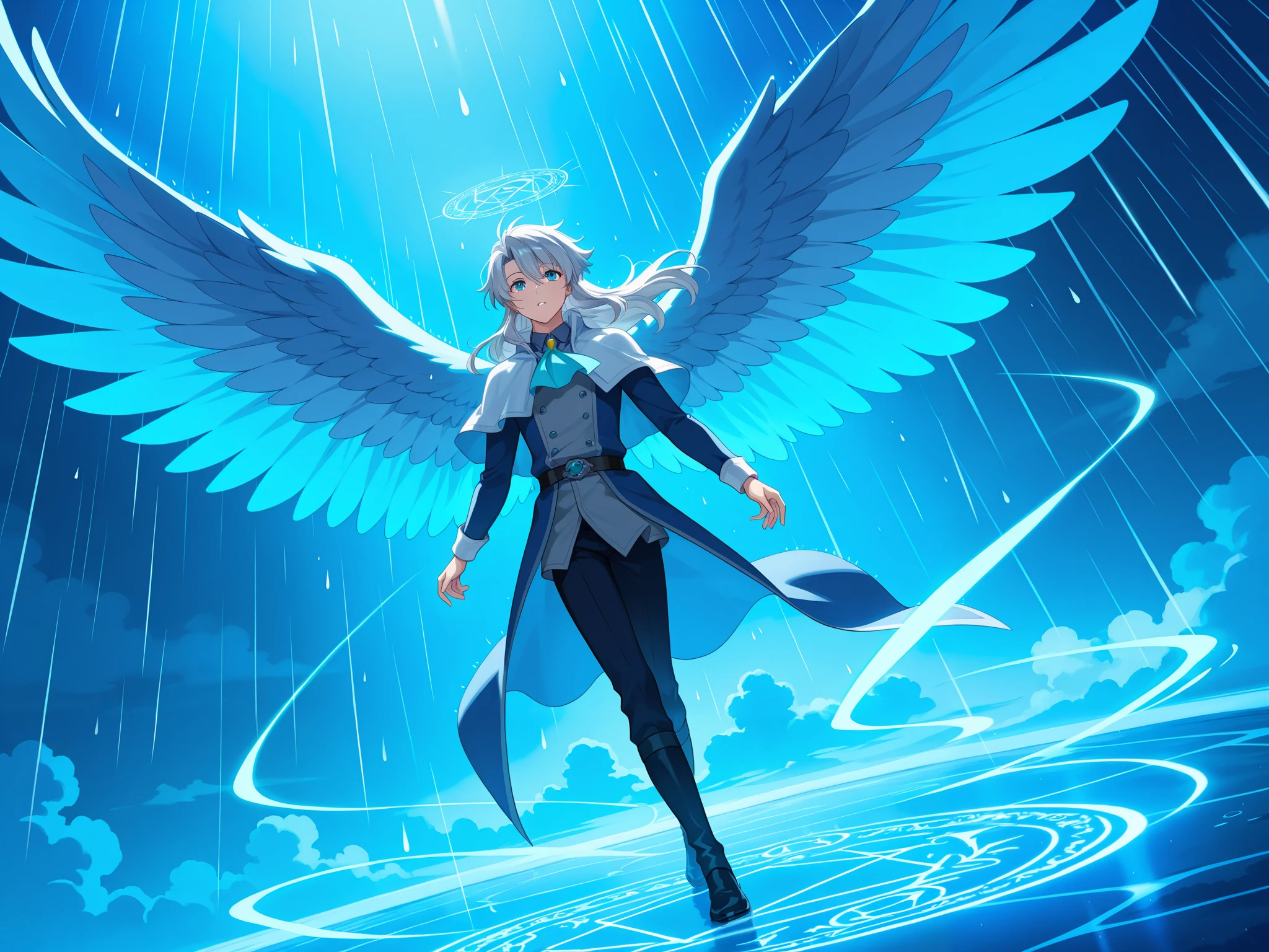 (ultra quality:1.2), anime enhancement, (artistic masterpiece:1.3), hyper-detailed shading, cinematic composition, perfect lighting, (very detailed face:1.2), safe, male focus, Theme: What happens when it rains?, male fairies flying over the clouds, blue male fairies, male fairies with wings, long hair, gray tones, fairies touching the clouds, falling rain, magic circle, male fairies making it rain, cold palette, magical environment, rain, strong rain