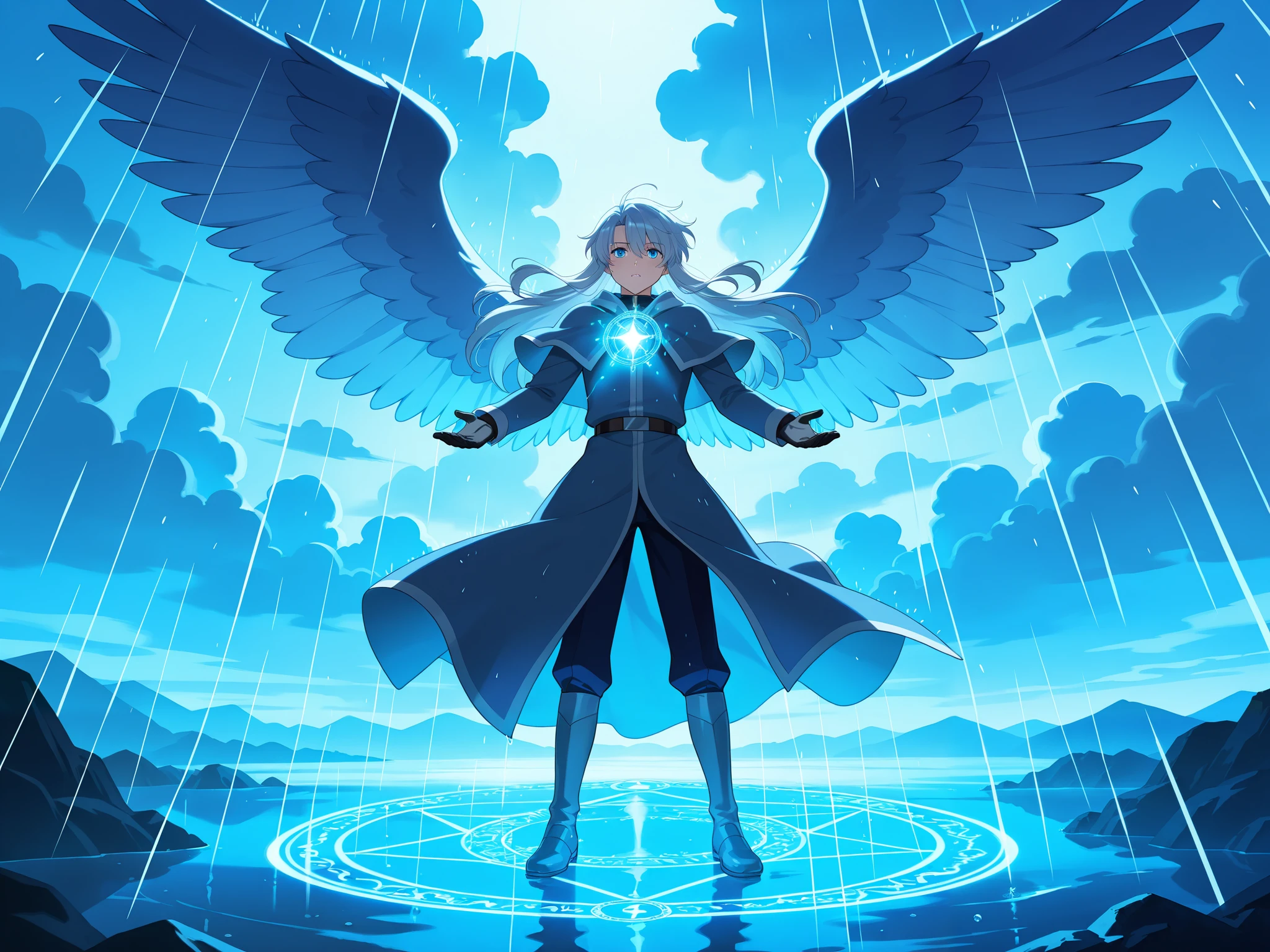 (ultra quality:1.2), anime enhancement, (artistic masterpiece:1.3), hyper-detailed shading, cinematic composition, perfect lighting, (very detailed face:1.2), safe, male focus, Theme: What happens when it rains?, male fairies flying over the clouds, blue male fairies, male fairies with wings, long hair, gray tones, fairies touching the clouds, falling rain, magic circle, male fairies making it rain, cold palette, magical environment, rain, strong rain