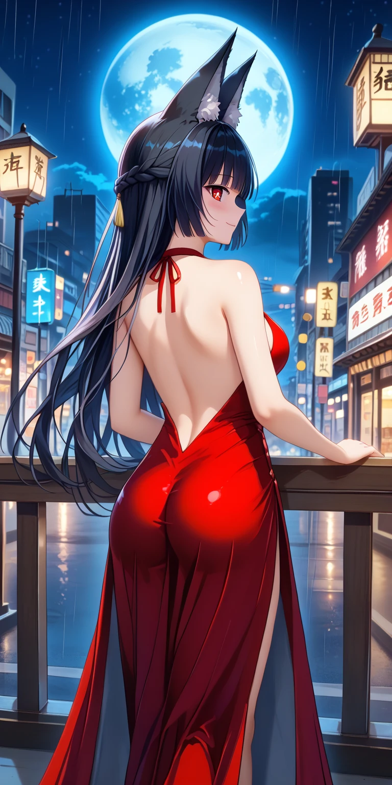 masterpiece, best quality, shadows, dynamic angle, perfect hands, perfect legs, perfect anatomy, pretty face, mature features, 1 girl, 21 years old, mature woman, sexy red dress, city night background, white long hair, thighs, ass, breast, seductive, spicy, posing, cinematography lights, NSFW,
