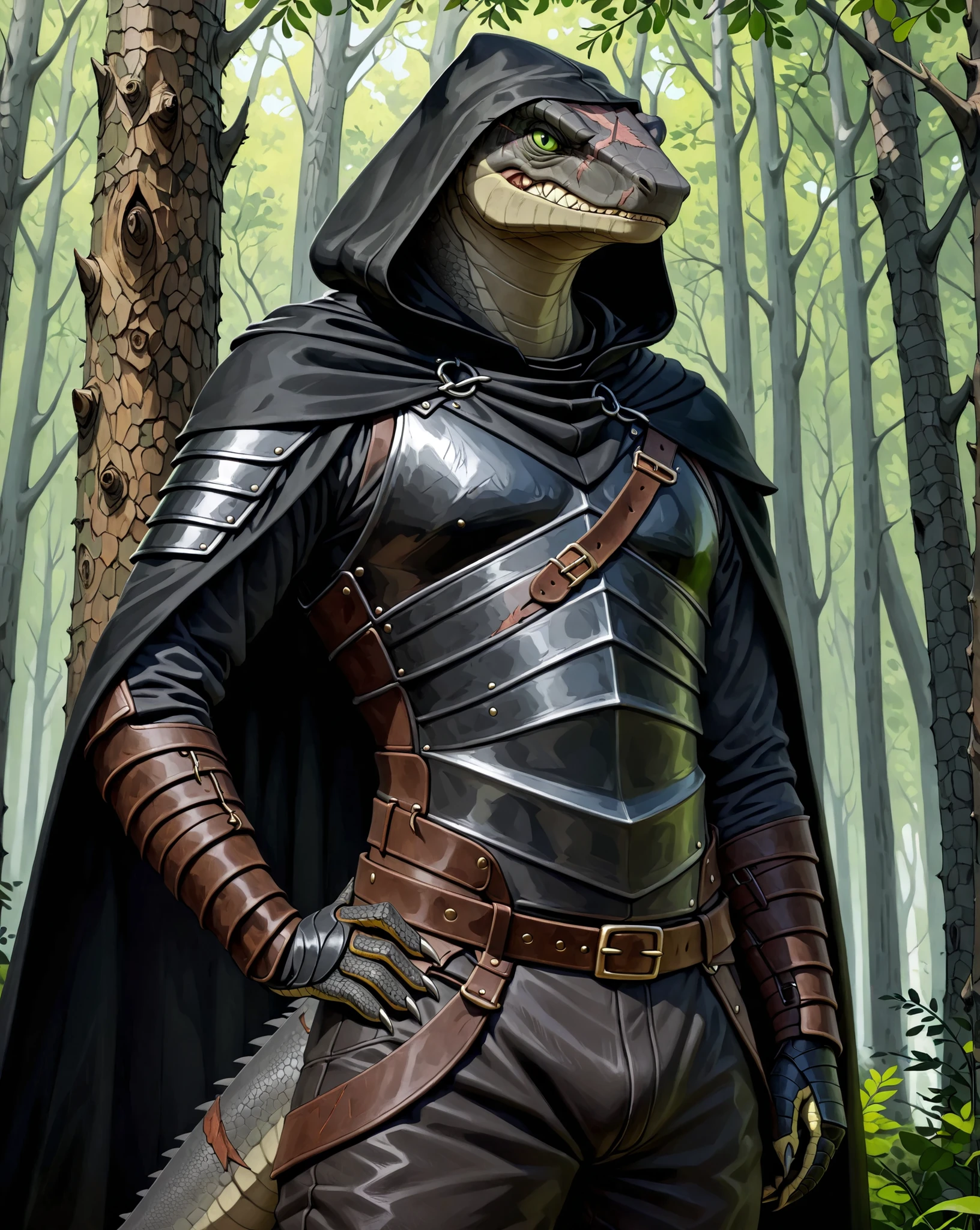 Masterpiece, Absurdres, Hyper detailed, 4k, UHD, (((Solo))) 1Adult male, Dark_Gray lizard, Green eyes, An old scar on the face, annoyed, clenched teeth, Bandit, Leather armor, Pants, (Black-Cloak) Hood, Standing, (Hand on own hip) In the forest, Upper body,