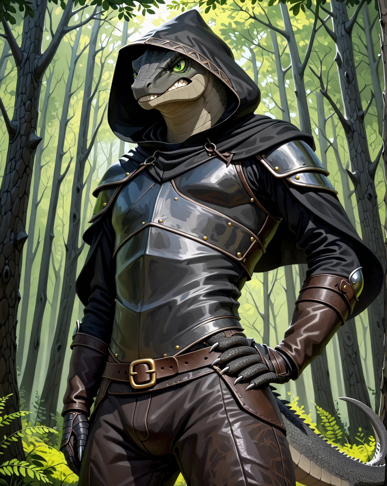 Masterpiece, Absurdres, Hyper detailed, 4k, UHD, (((Solo))) 1Adult male, Dark_Gray lizard, Green eyes, annoyed, clenched teeth, Bandit, Leather armor, Pants, Black-Cloak, Hood, Standing, (Hand on own hip) In the forest, Upper body,